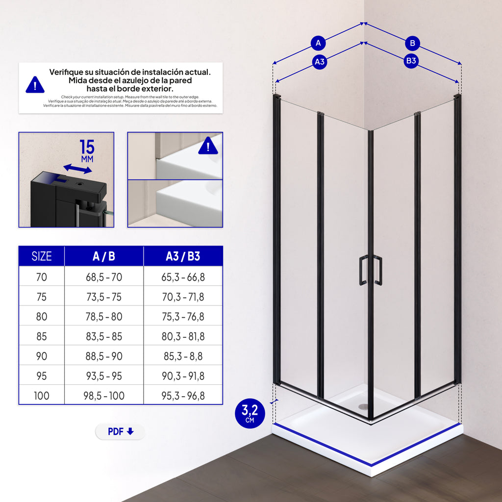 ALINA - Cabine de duche de entrada de canto com portas dobráveis em vidro temperado e perfis pretos