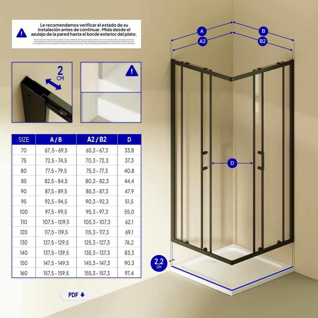 DIANA - Cabine de duche de entrada de canto portas de correr em vidro temperado e perfis pretos