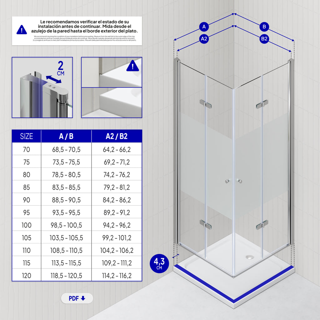 EMMA - Cabine de Duche (70-120 cm x 180-190 cm) com Vidro Meio Fosco 6mm - Entrada de Canto, Portas articuladas e Perfis em Inox