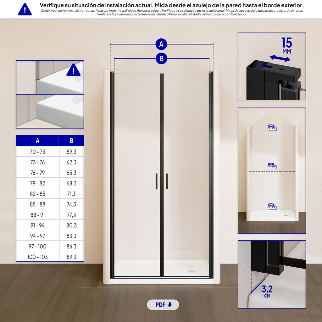 STELLA - Porta de duche com portas batentes em vidro temperado e perfis pretos