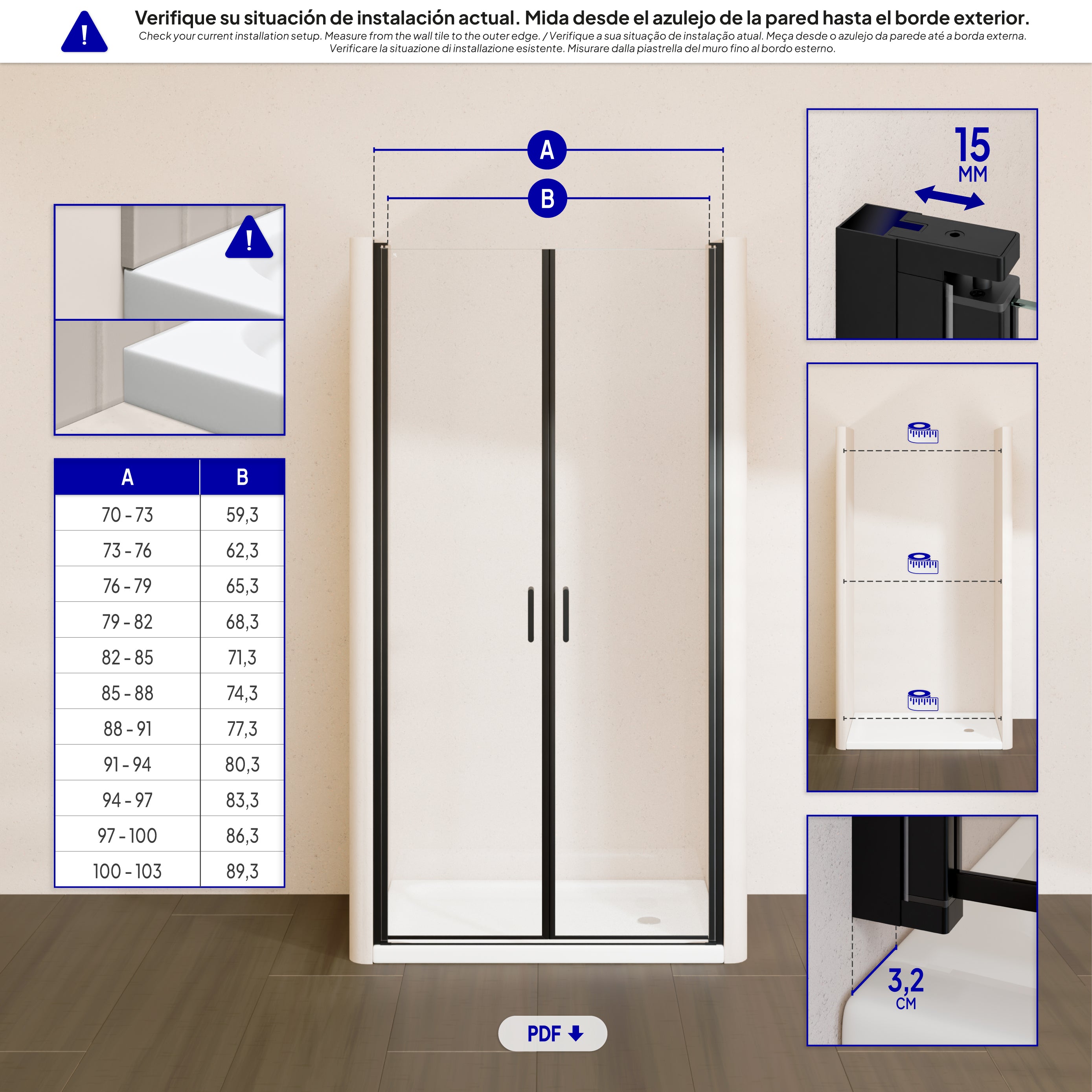 STELLA - Porta de duche com portas batentes em vidro temperado e perfis pretos