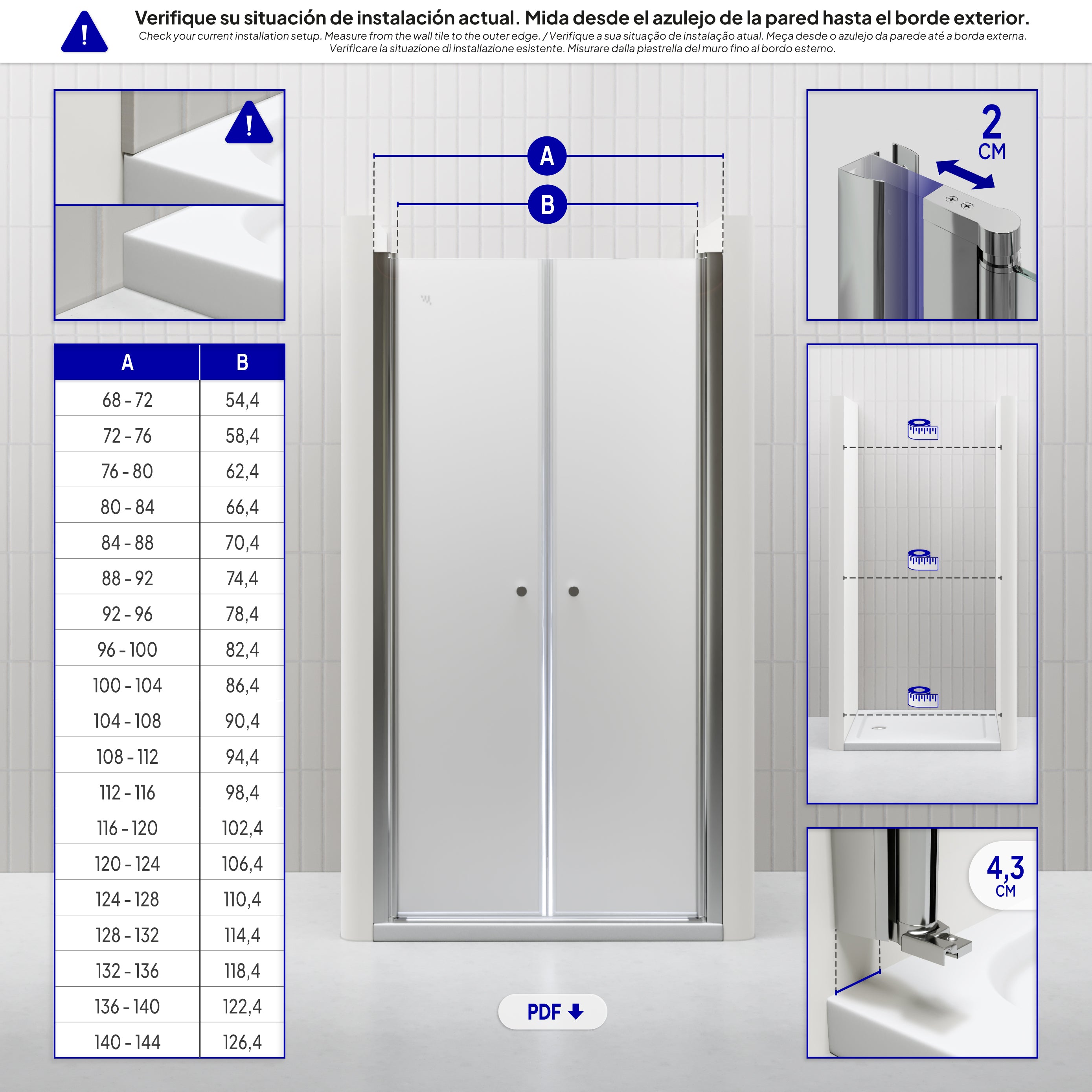 LIMA - Frontal de duche em vidro temperado fosco de 6 mm - Portas batentes