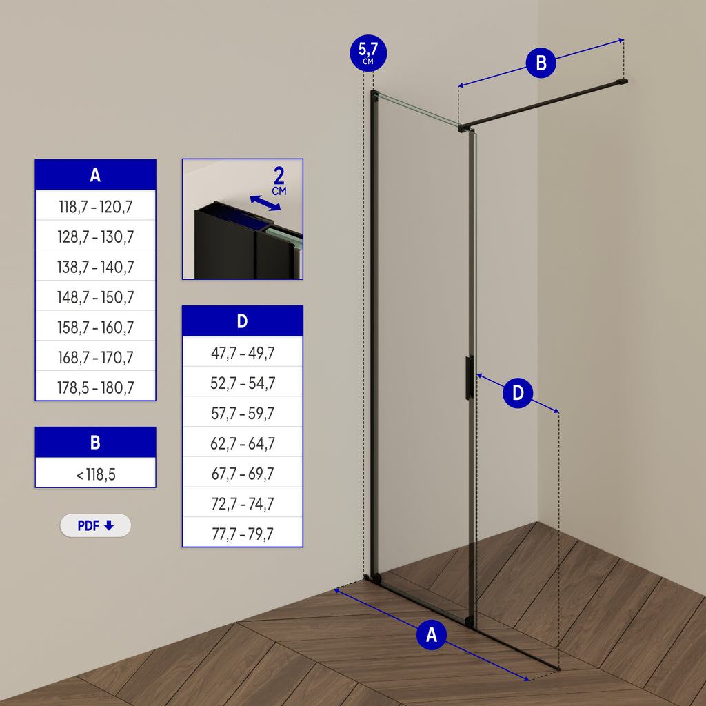 NADINE - Painel de Duche Walk-In em Vidro Temperado 8mm com Perfil Preto