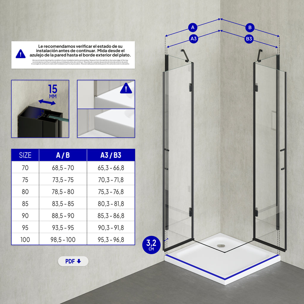 CELINE - Cabine de duche de canto com portas articuladas em vidro temperado e perfis pretos