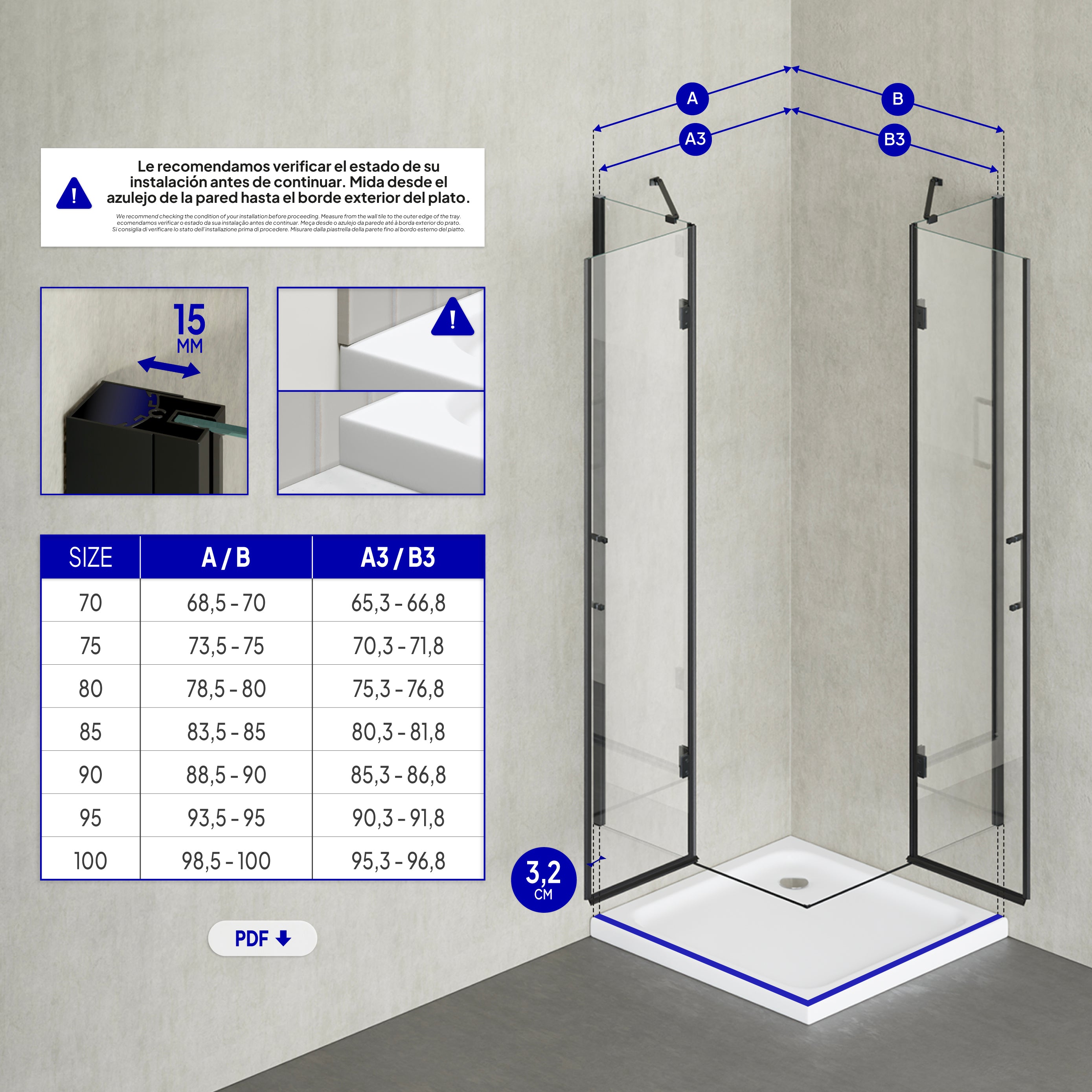 CELINE - Cabine de duche de canto com portas articuladas em vidro temperado e perfis pretos