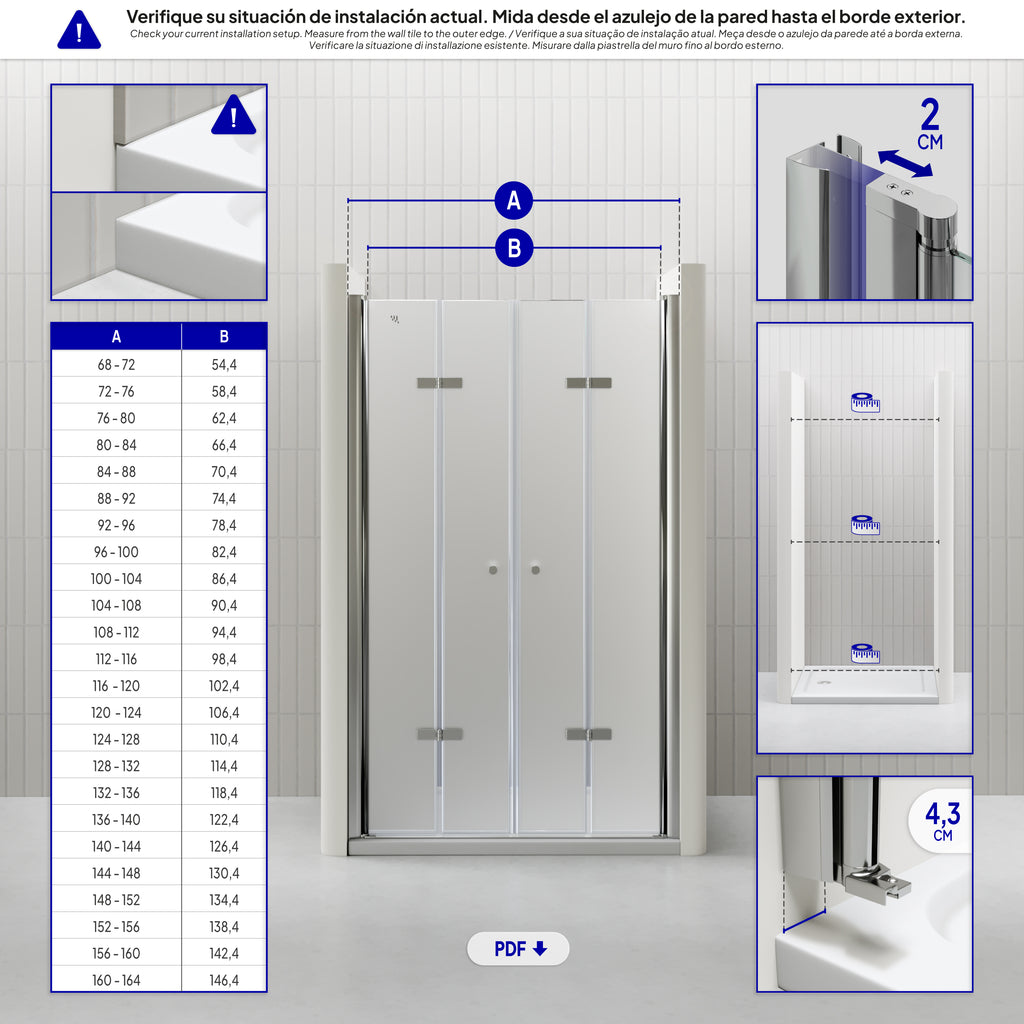 LENA - Frontal de duche com portas dobráveis em vidro temperado fosco