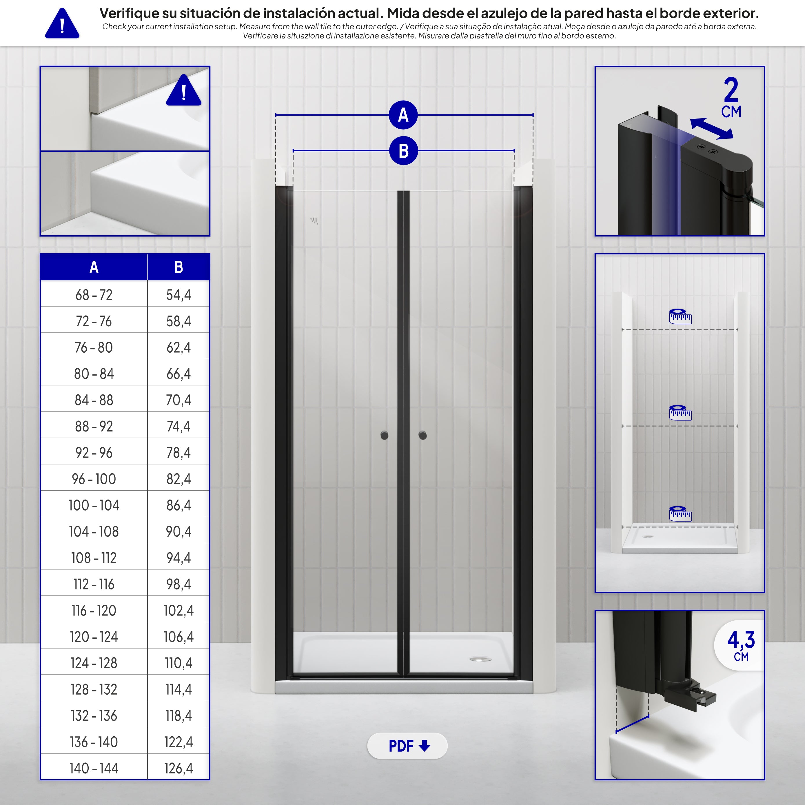 LIMA - Frontal de duche em vidro temperado transparente de 6 mm, portas batentes e perfis pretos