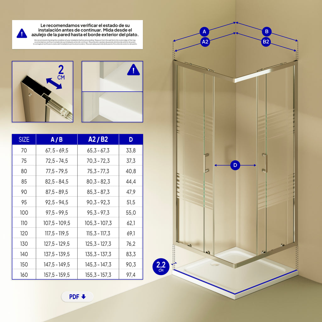 DIANA - Cabine de duche de entrada de canto com portas de correr em vidro temperado meio fosco