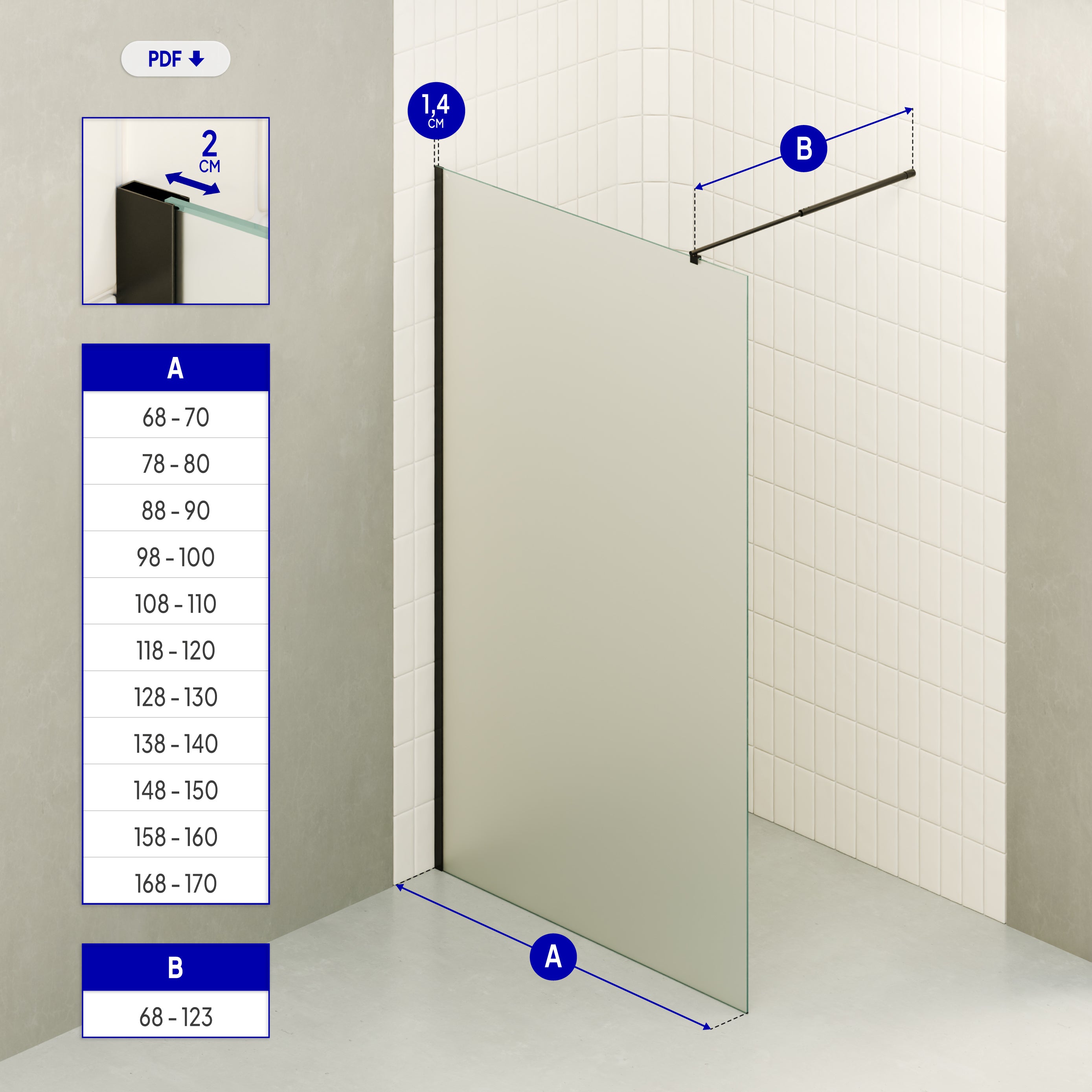 OLIVIA - Painel de Duche Walk-In em Vidro Fosco 10mm com Perfil e Barra Estabilizadora Preto