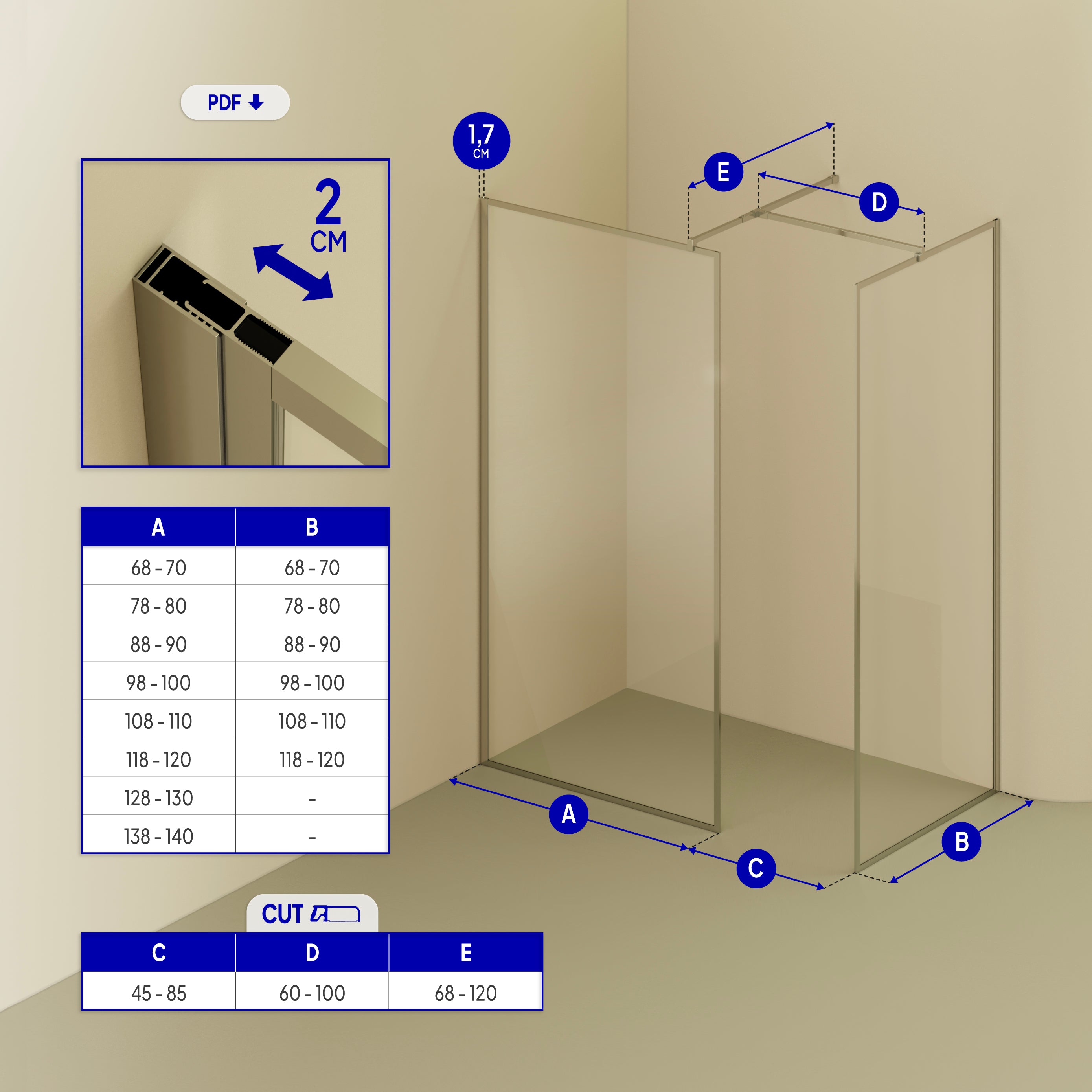 GIANNA – Painel de Duche Walk-In com 2 Painéis em Vidro Temperado e Perfil Cromado com Barra Estabilizadora