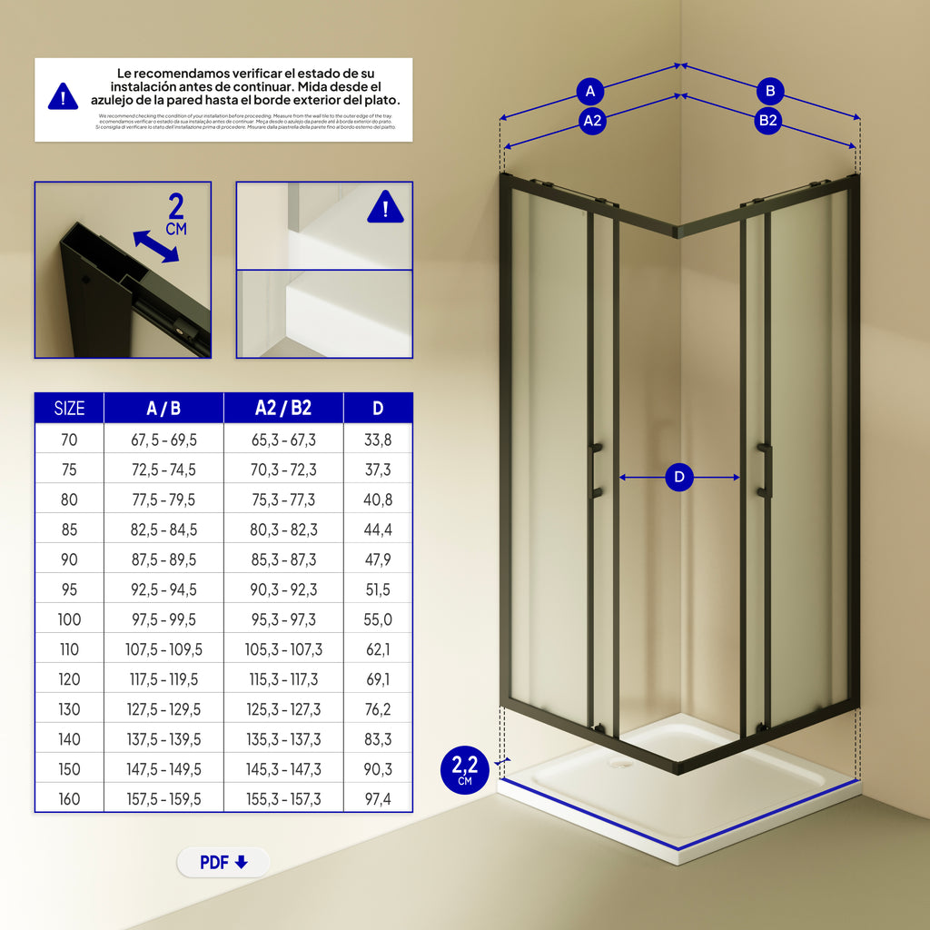 DIANA - Cabine de duche de entrada de canto com portas de correr em vidro fosco temperado