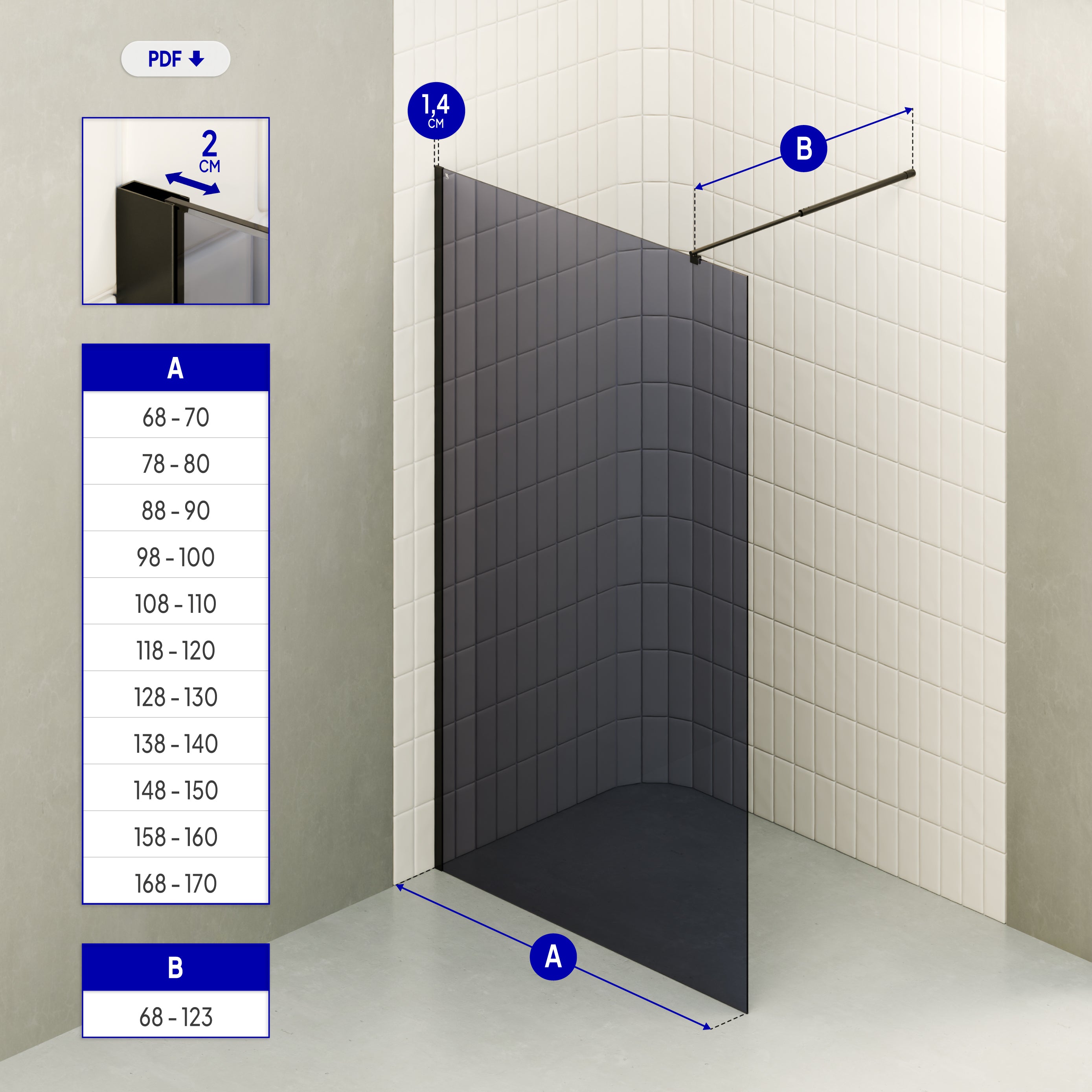 OLIVIA - Painel de Duche Walk-In em Vidro Escuro 10mm com Perfil e Barra Estabilizadora Preto