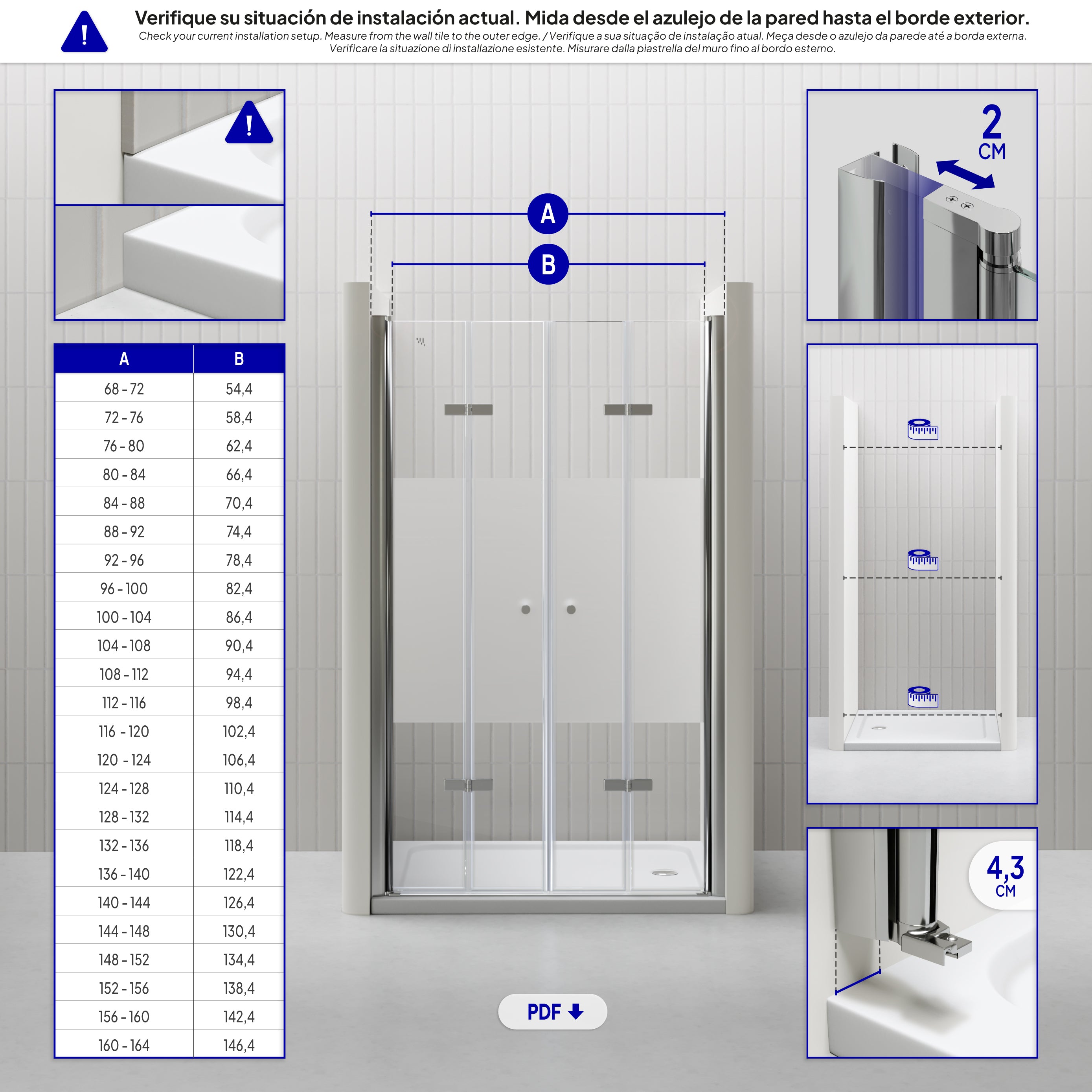 LENA - Frontal de duche com portas dobráveis em vidro temperado meio fosco