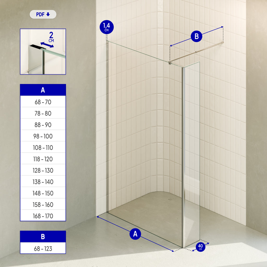 FIONA - Painel de Duche Walk-In com Painel Lateral Fixo 40 cm a 90º em Vidro Transparente 10mm com Perfil e Barra Estabilizadora Cromado