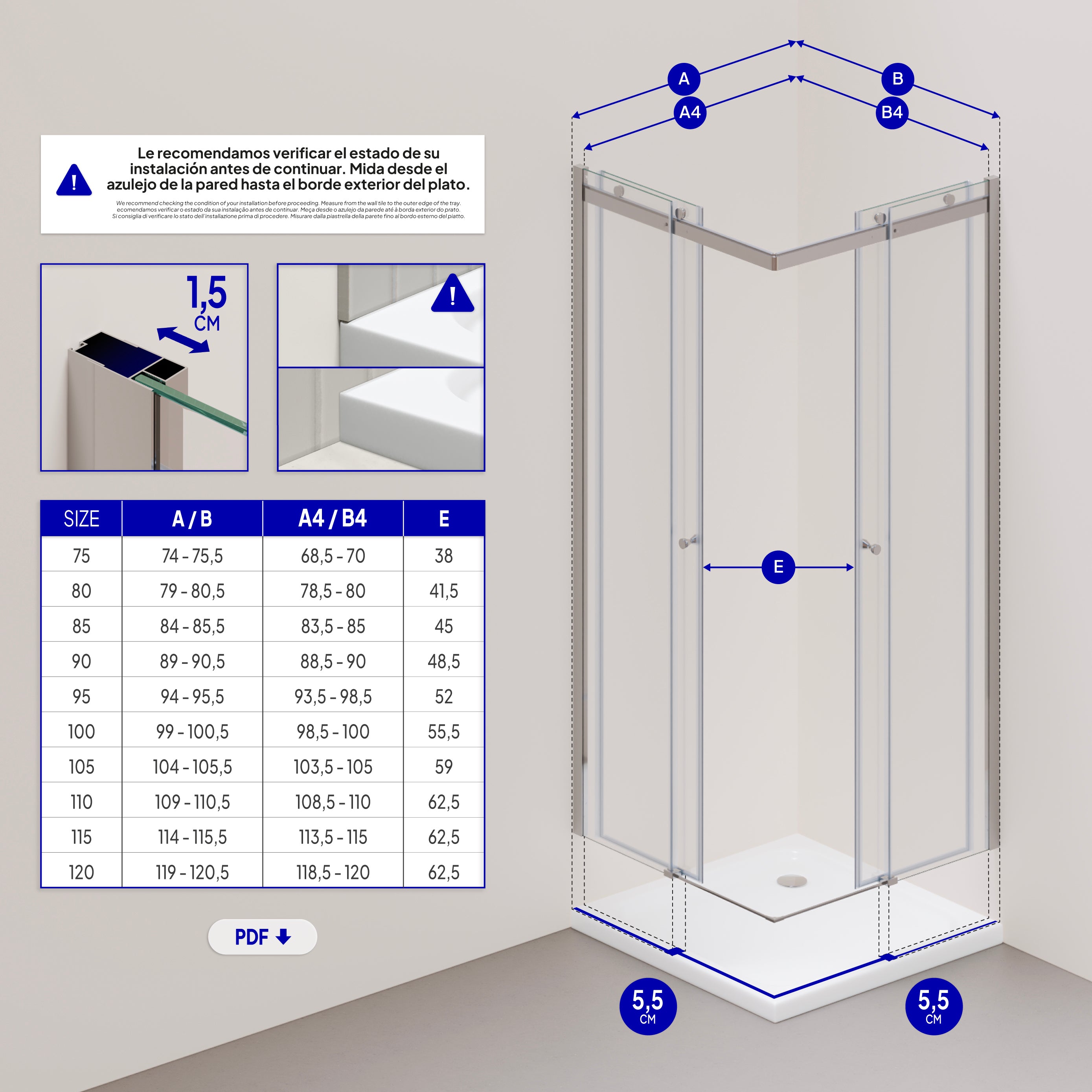 ANNA - Cabine de duche de entrada de canto com portas de correr em vidro temperado de 8mm