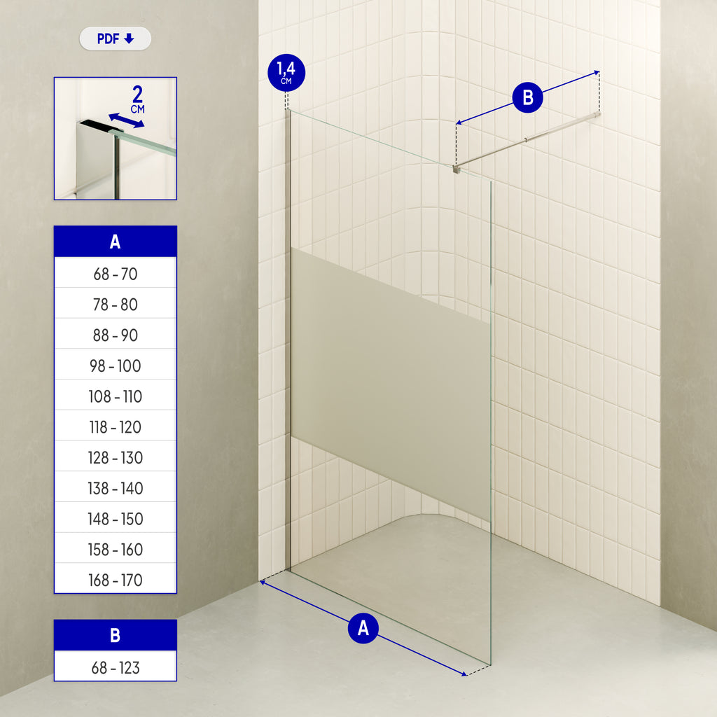 FIONA - Painel de Duche Walk-In em Vidro Meio Fosco 10mm com perfil e Barra Estabilizadora Cromado