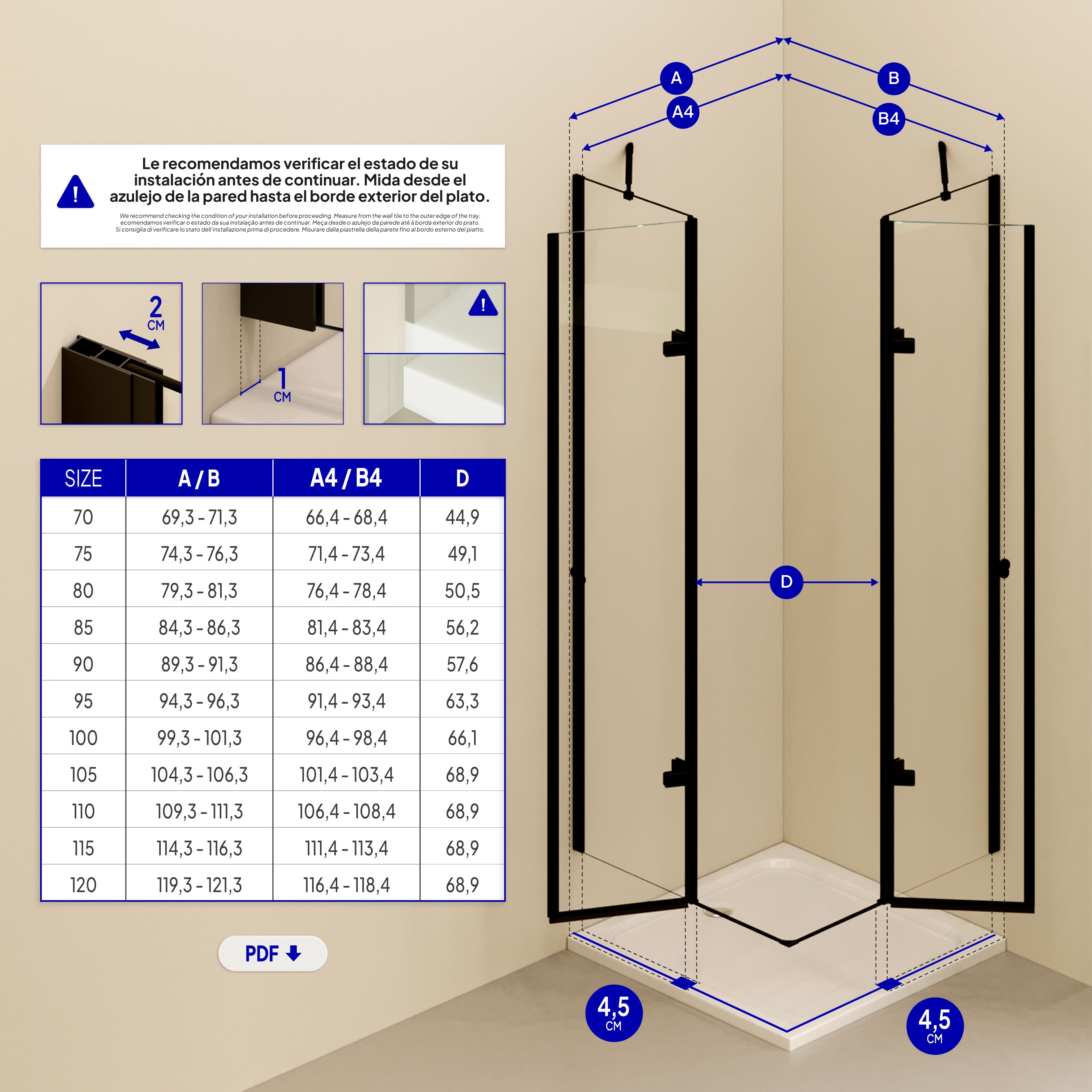 ALICE - Cabine de duche de canto com portas articuladas em vidro temperado e perfis pretos