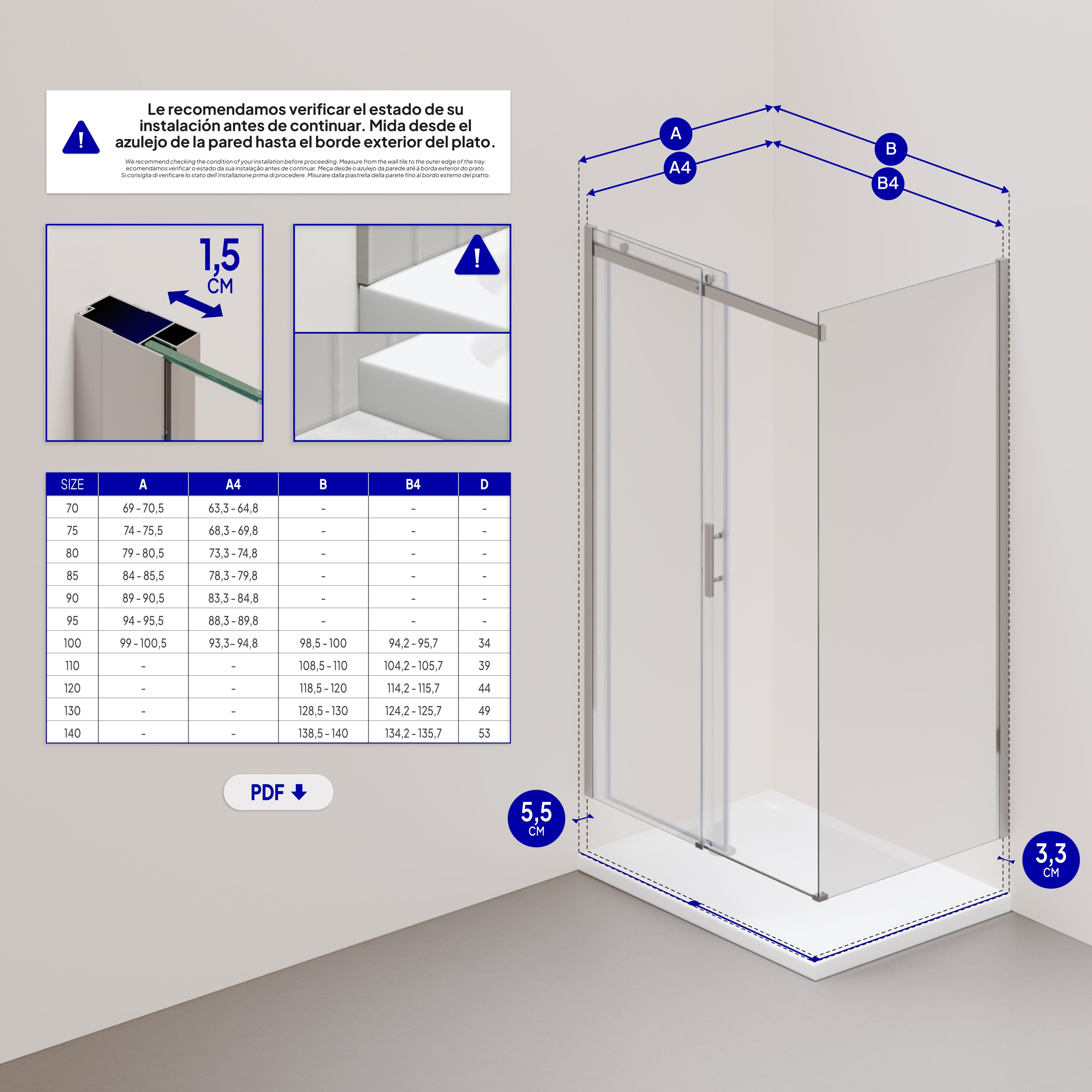 VIOLA - Cabine de duche com porta de correr em vidro temperado de 8mm com altura de 200cm