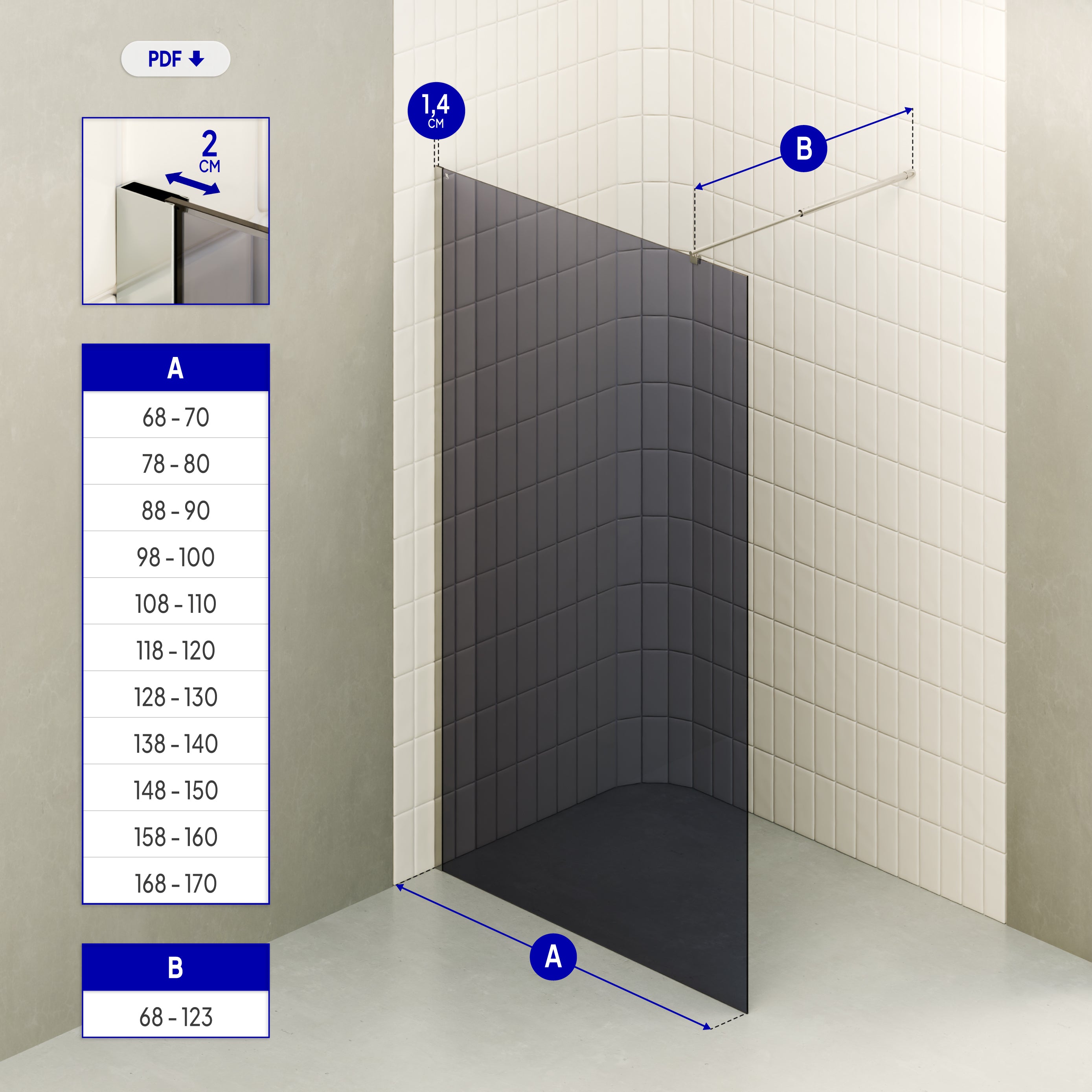 FIONA - Painel de duche Walk-In em Vidro Escurecido 10mm com perfil e Barra Estabilizadora Cromado