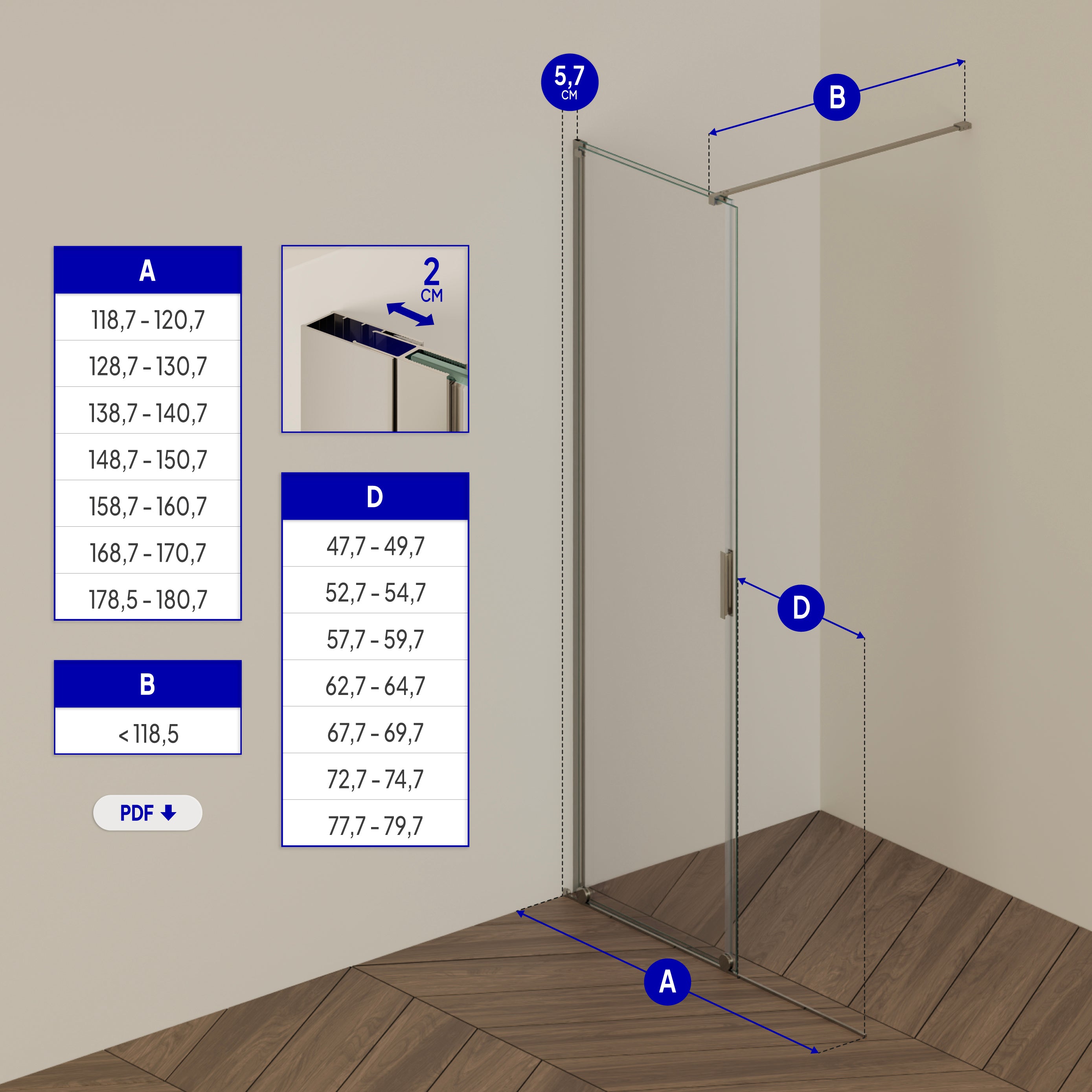 NADINE - Painel de Duche Walk-In em Vidro Temperado 8mm com Perfil cromado