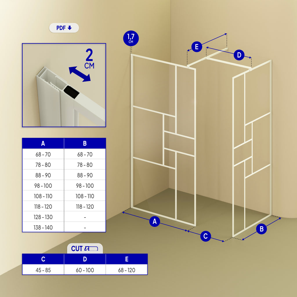 GIANNA – Painel de Duche Walk-In com 2 Painéis em Vidro Temperado c/ Blocos e Perfil Branco com Barra Estabilizadora