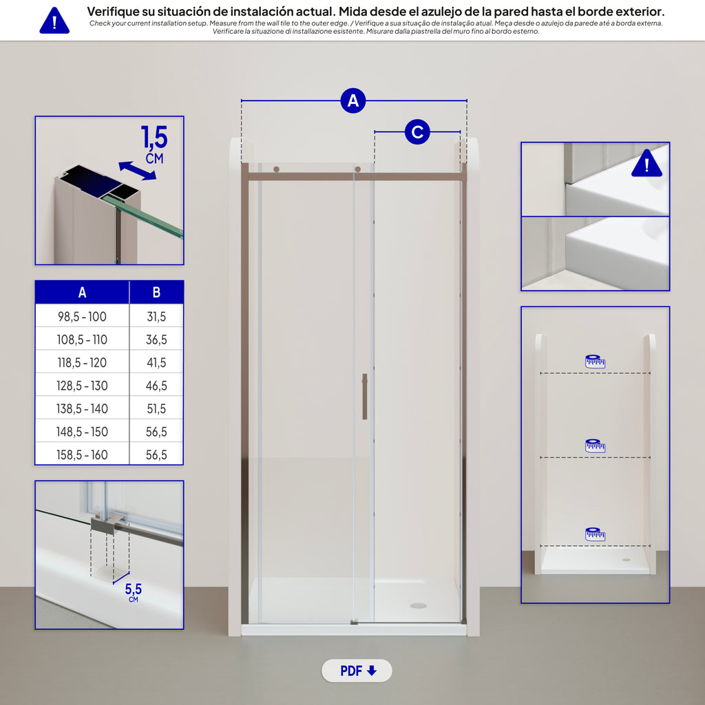VIOLA - Frontal de duche com porta de correr em vidro temperado de 8 mm - Vários tamanhos