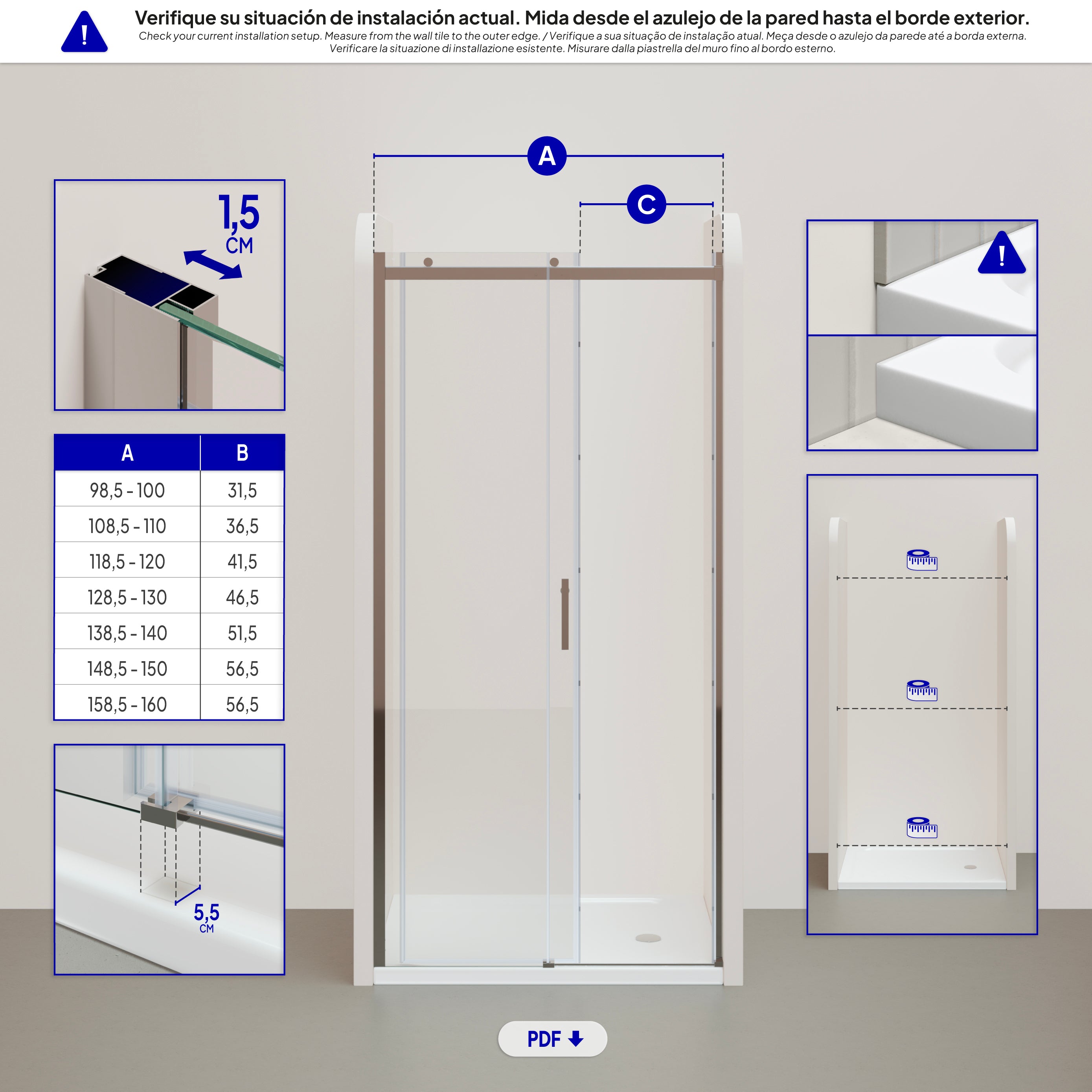 VIOLA - Frontal de duche com porta de correr em vidro temperado de 8 mm - Vários tamanhos