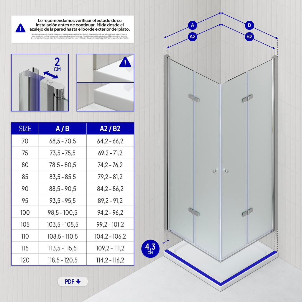 EMMA - Cabine de Duche (70-120 cm x 180-190 cm) com Vidro Fosco 6mm - Entrada de Canto, Portas articuladas e Perfis em Inox