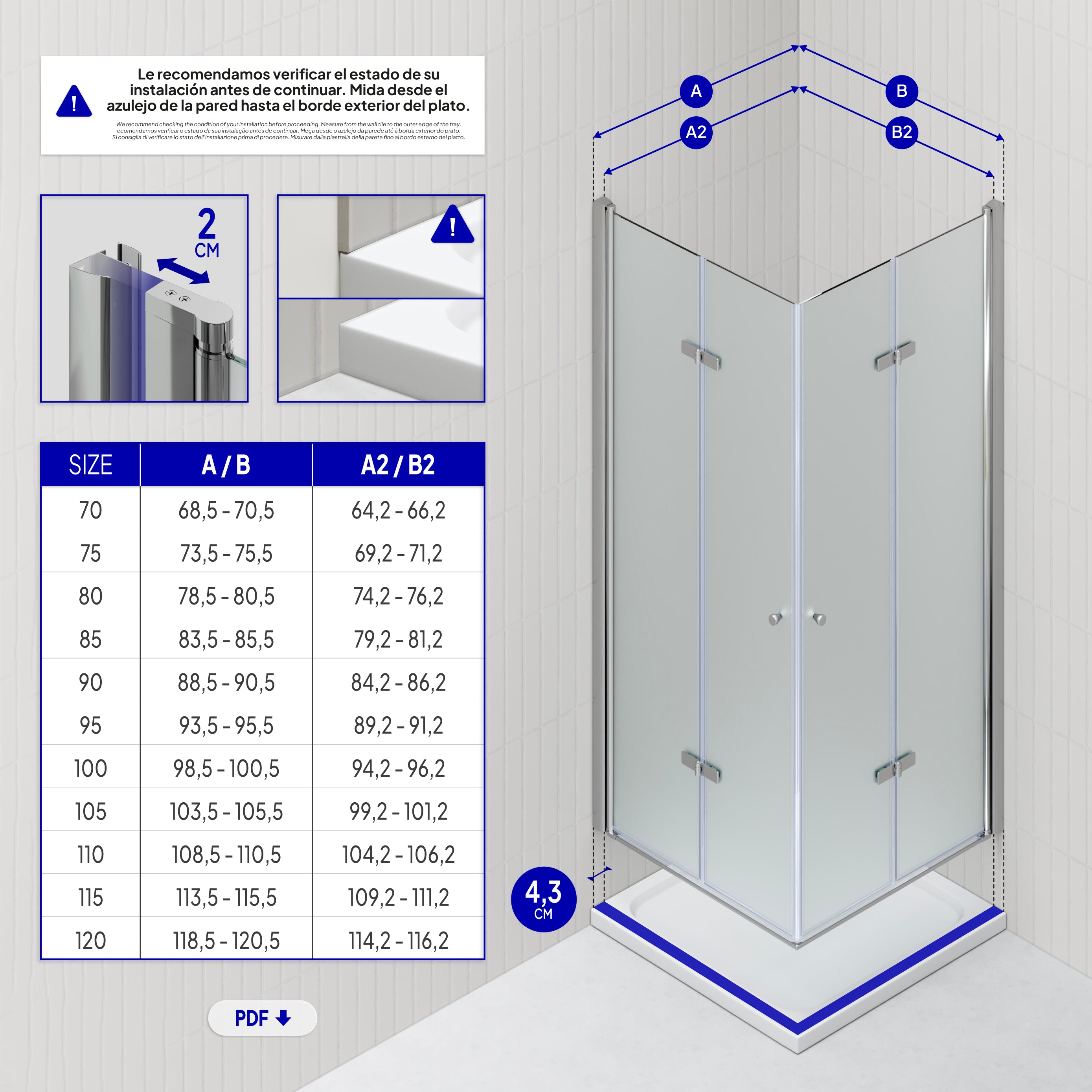 EMMA - Cabine de Duche (70-120 cm x 180-190 cm) com Vidro Fosco 6mm - Entrada de Canto, Portas articuladas e Perfis em Inox