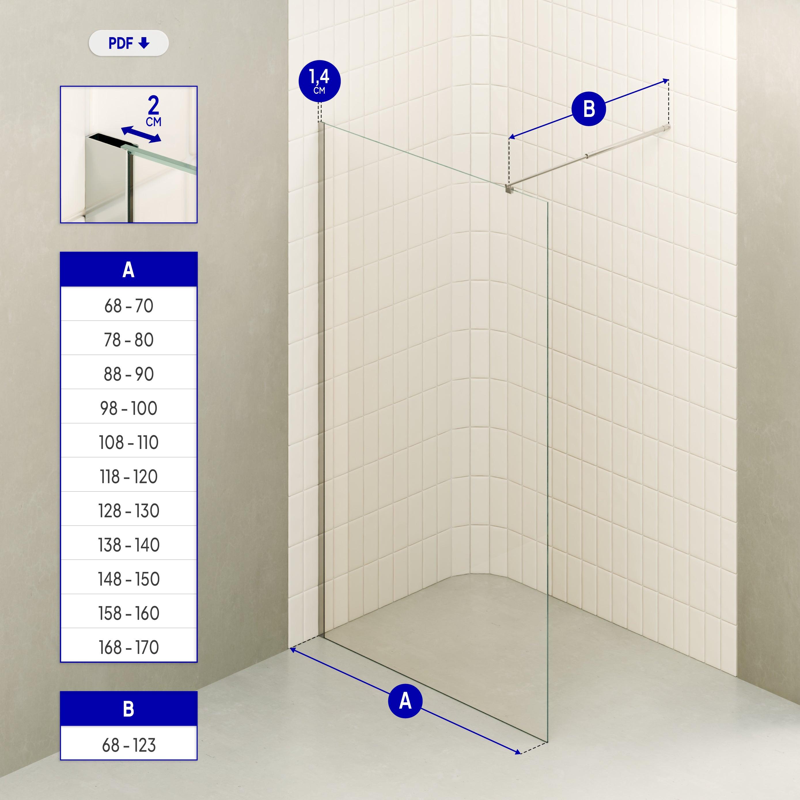 FIONA - Painel de Duche Walk-In em Vidro Transparente 10mm com Perfil e Barra Estabilizadora Cromado