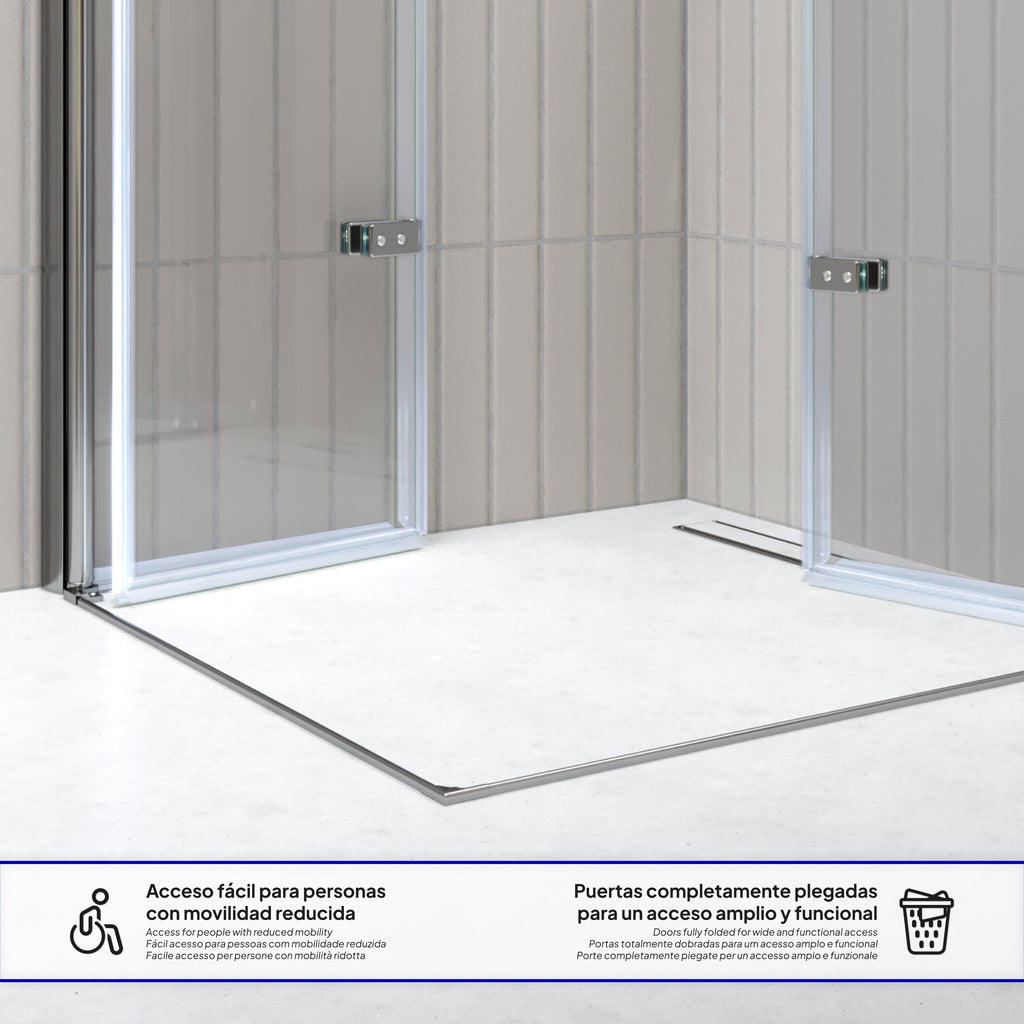 EMMA - Cabine de Duche (70-120 cm x 180-190 cm) com Vidro Transparente 6mm - Entrada de Canto, Portas articuladas e Perfis em Inox
