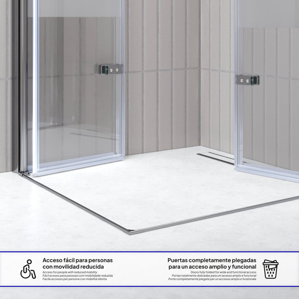 EMMA - Cabine de Duche (70-120 cm x 180-190 cm) com Vidro Meio Fosco 6mm - Entrada de Canto, Portas articuladas e Perfis em Inox