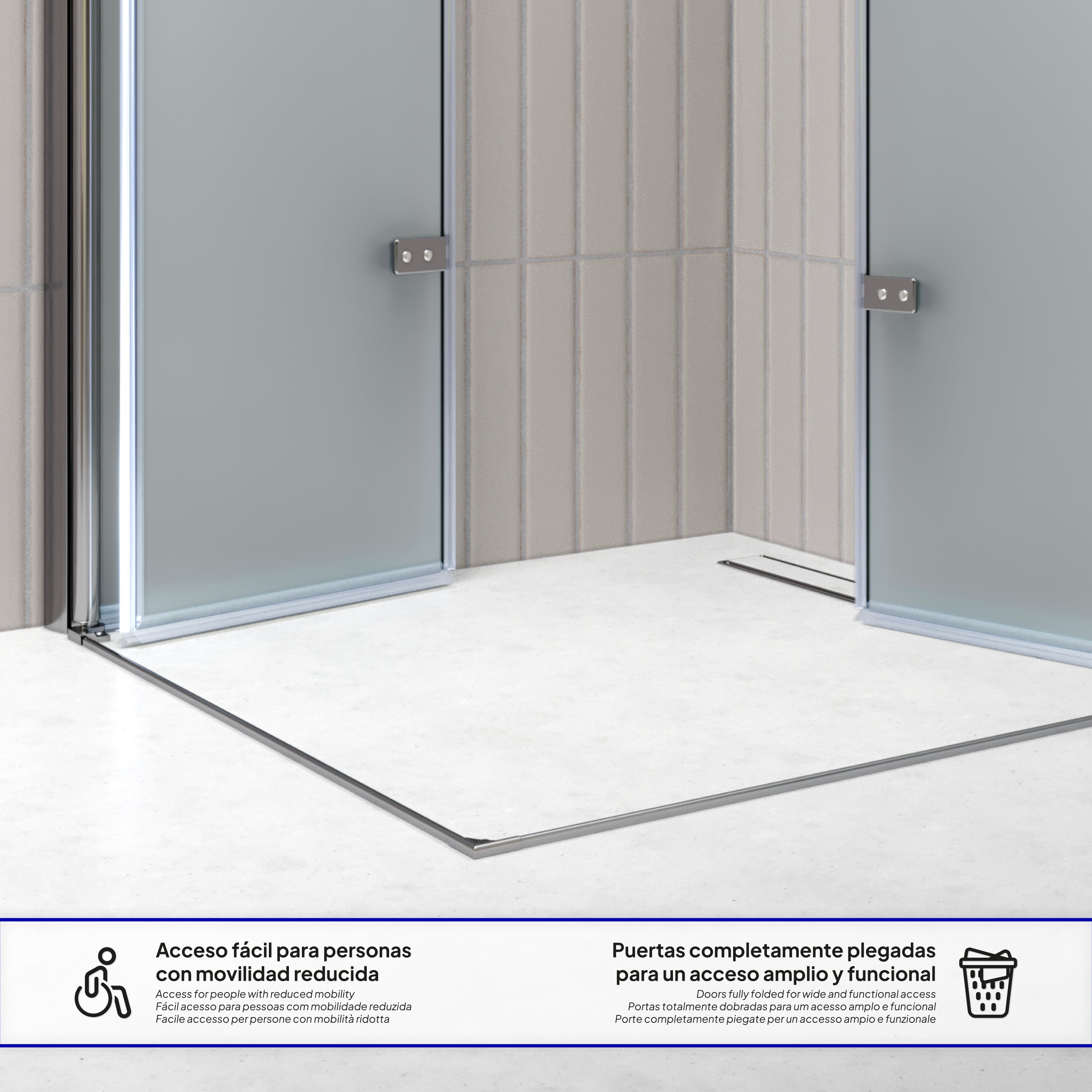 EMMA - Cabine de Duche (70-120 cm x 180-190 cm) com Vidro Fosco 6mm - Entrada de Canto, Portas articuladas e Perfis em Inox