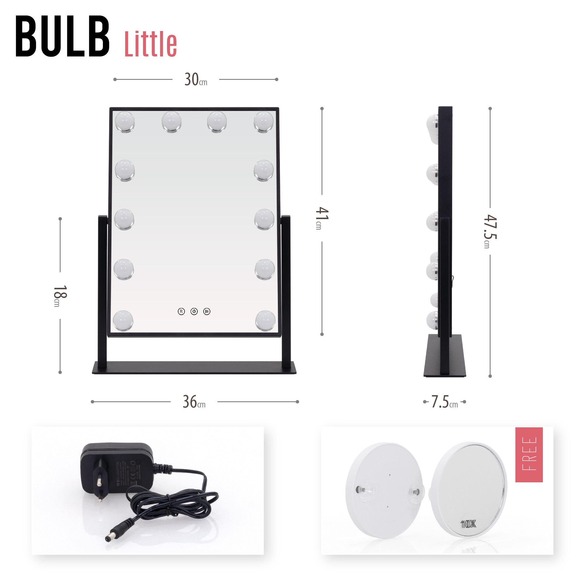 BULB LITTLE - Espelho de Maquilhagem com 12 Lâmpadas de Luz LED