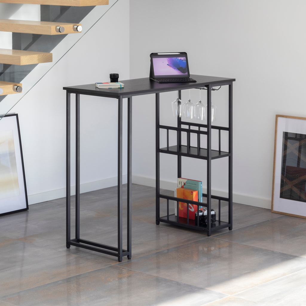GAVIN – Mesa de Bar 110x50 cm, Altura 105 cm, com 2 Prateleiras e Porta-Copos, Estrutura em Aço, Estilo Industrial, Preto