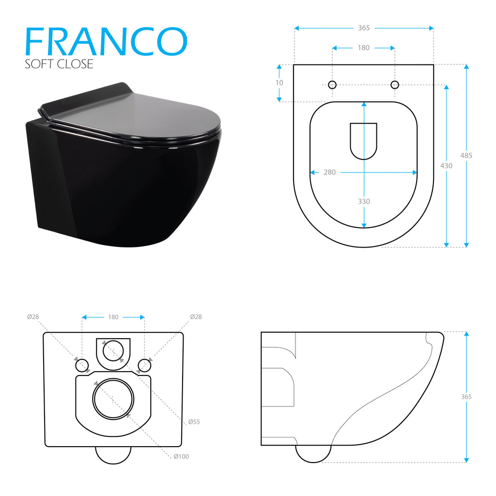 FRANCO - Sanita suspensa preta sem aro interno - tampa de fecho suave incluída