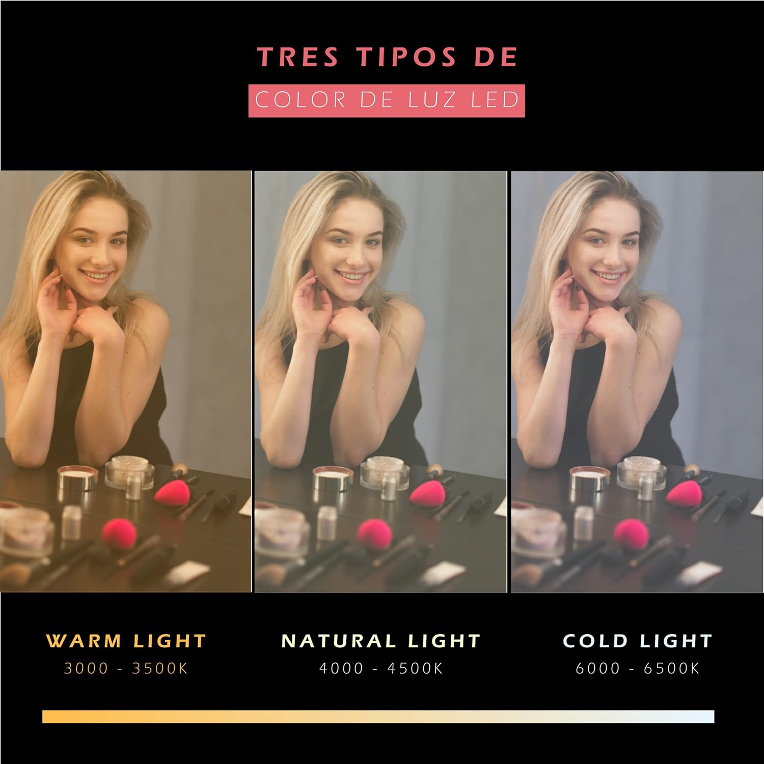 Espelho de Maquilhagem com Luz LED, Espelho Portátil Tipo Tablet com Iluminação de 3 Cores, Luz Regulável, Suporte Ajustável, Alimentação Dupla e Controlo Tátil