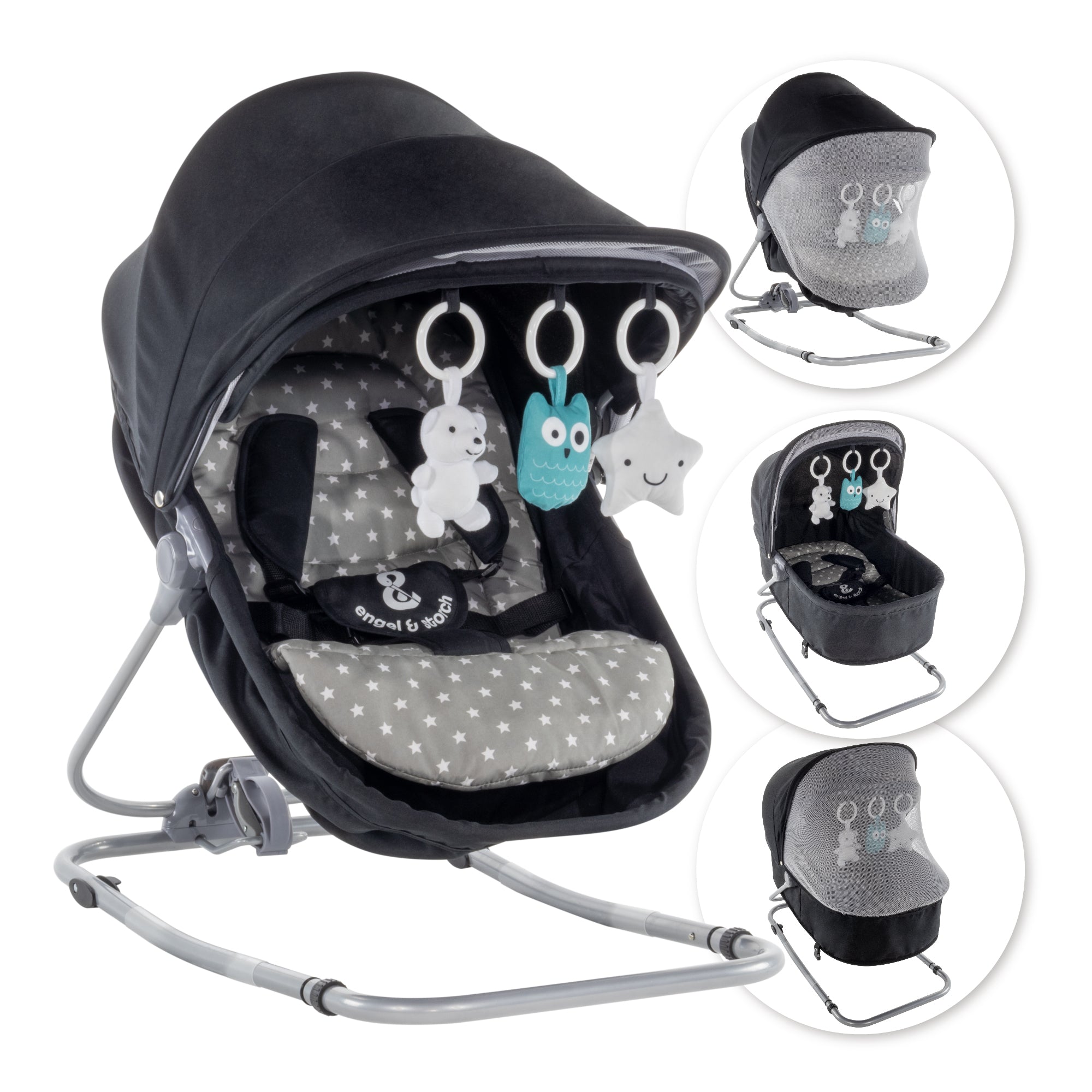 PAVO - Espreguiçadeira e Berço com Rede Mosquiteira, Cobertura e Arco Removível