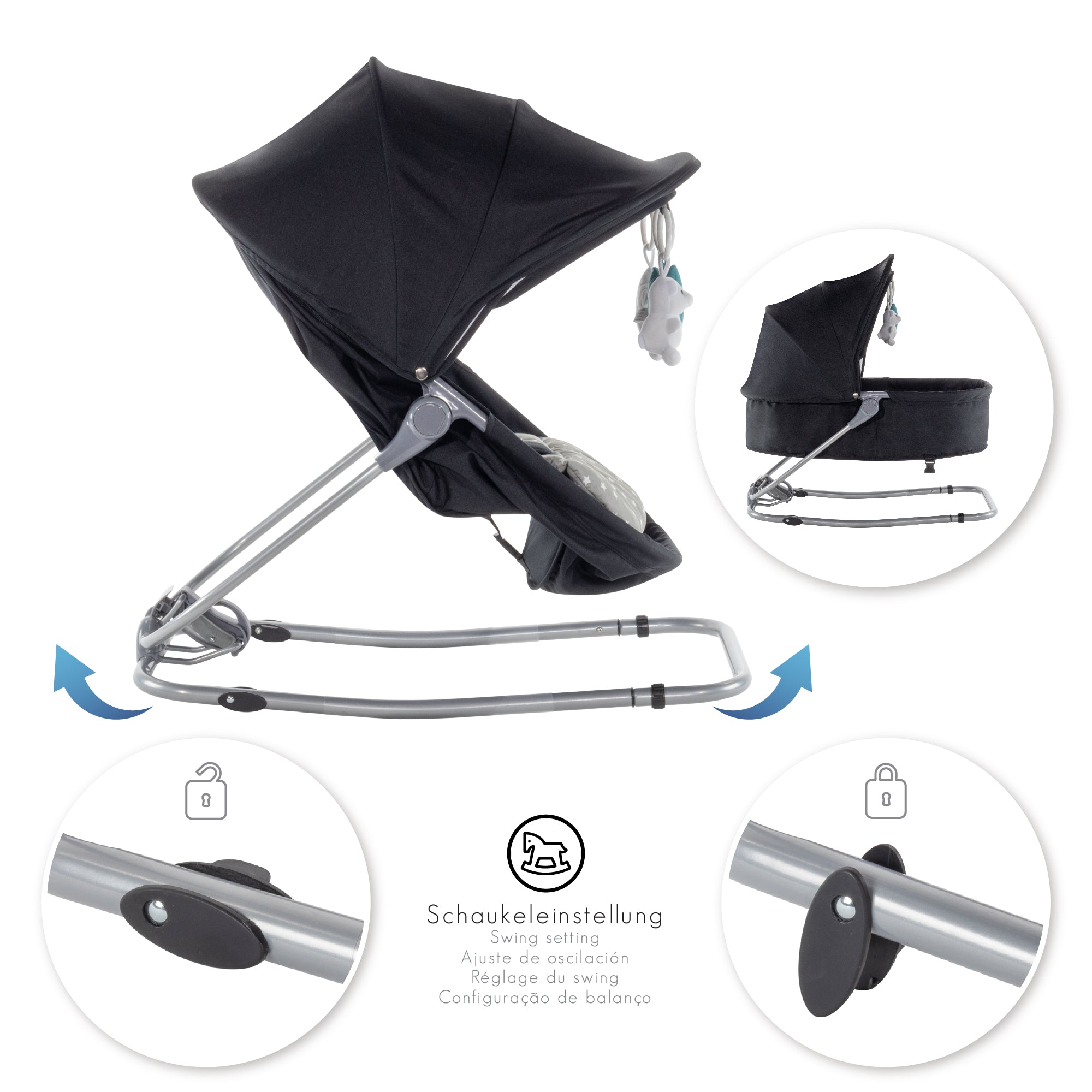 PAVO - Espreguiçadeira e Berço com Rede Mosquiteira, Cobertura e Arco Removível