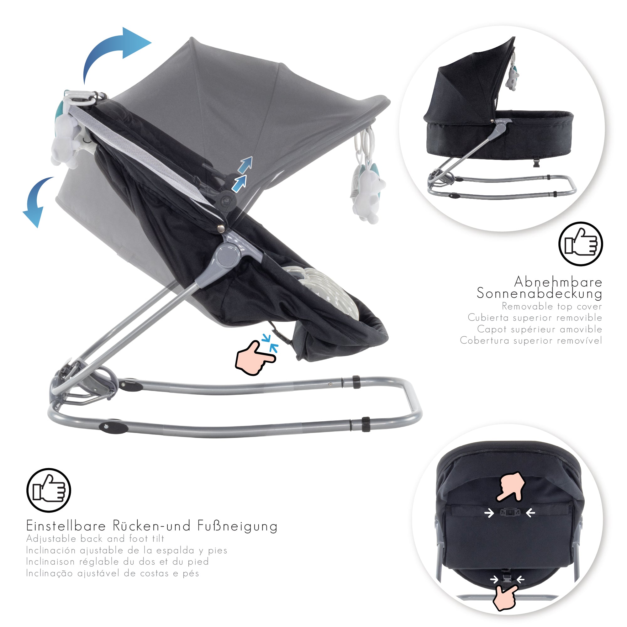 PAVO - Espreguiçadeira e Berço com Rede Mosquiteira, Cobertura e Arco Removível