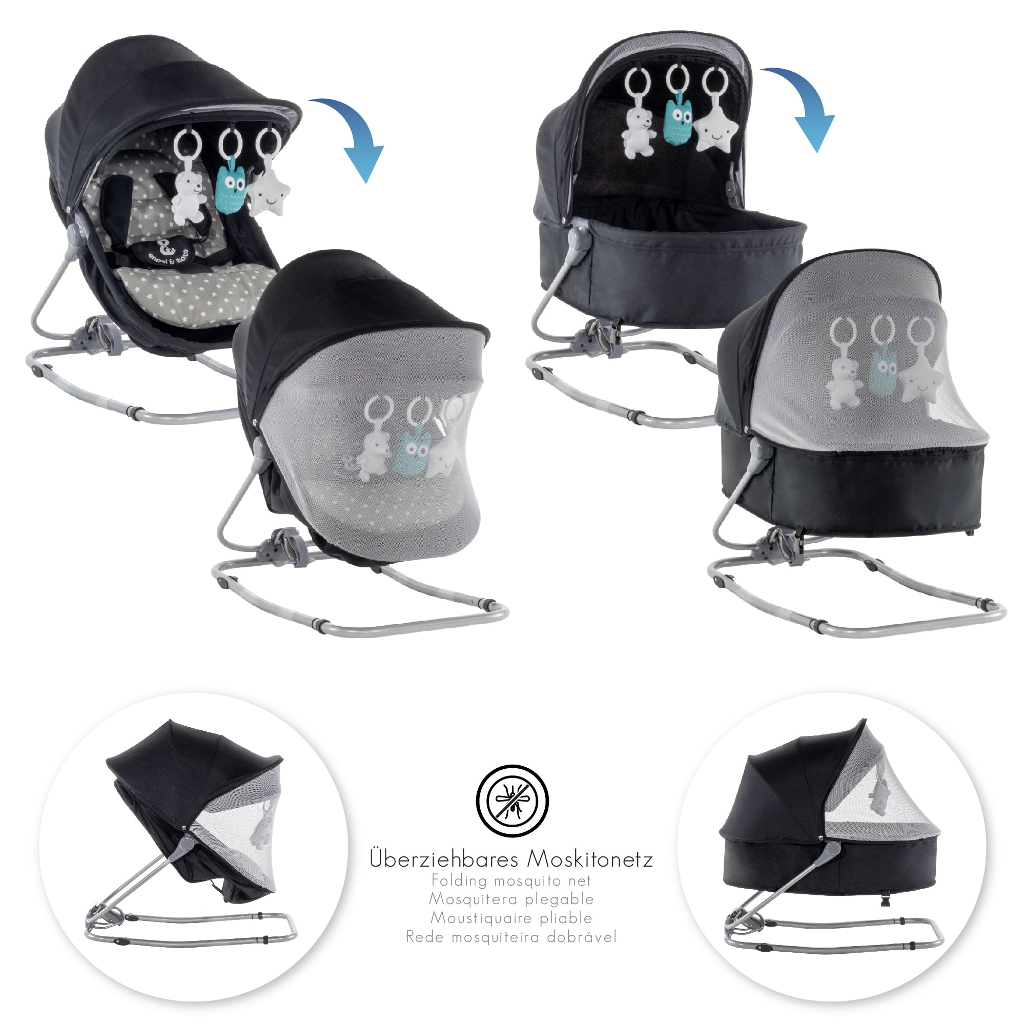 PAVO - Espreguiçadeira e Berço com Rede Mosquiteira, Cobertura e Arco Removível