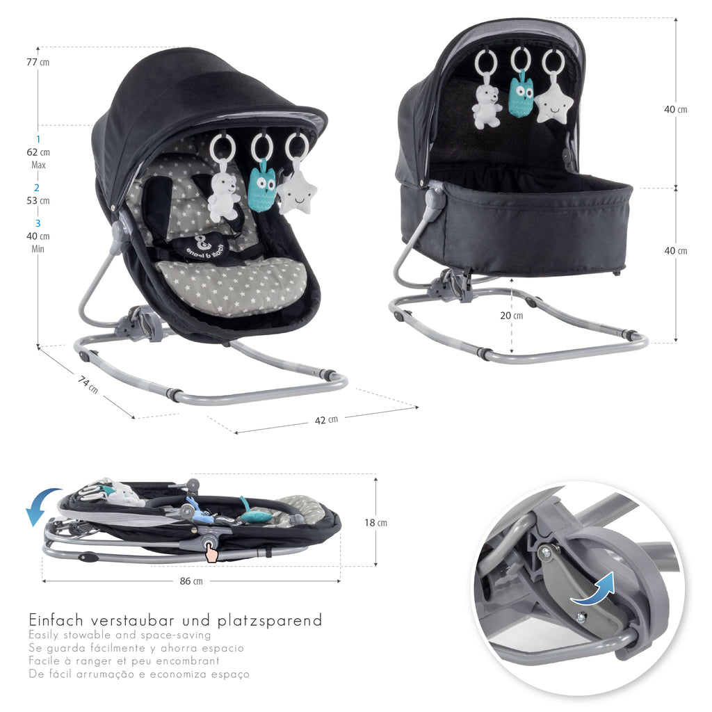 PAVO - Espreguiçadeira e Berço com Rede Mosquiteira, Cobertura e Arco Removível