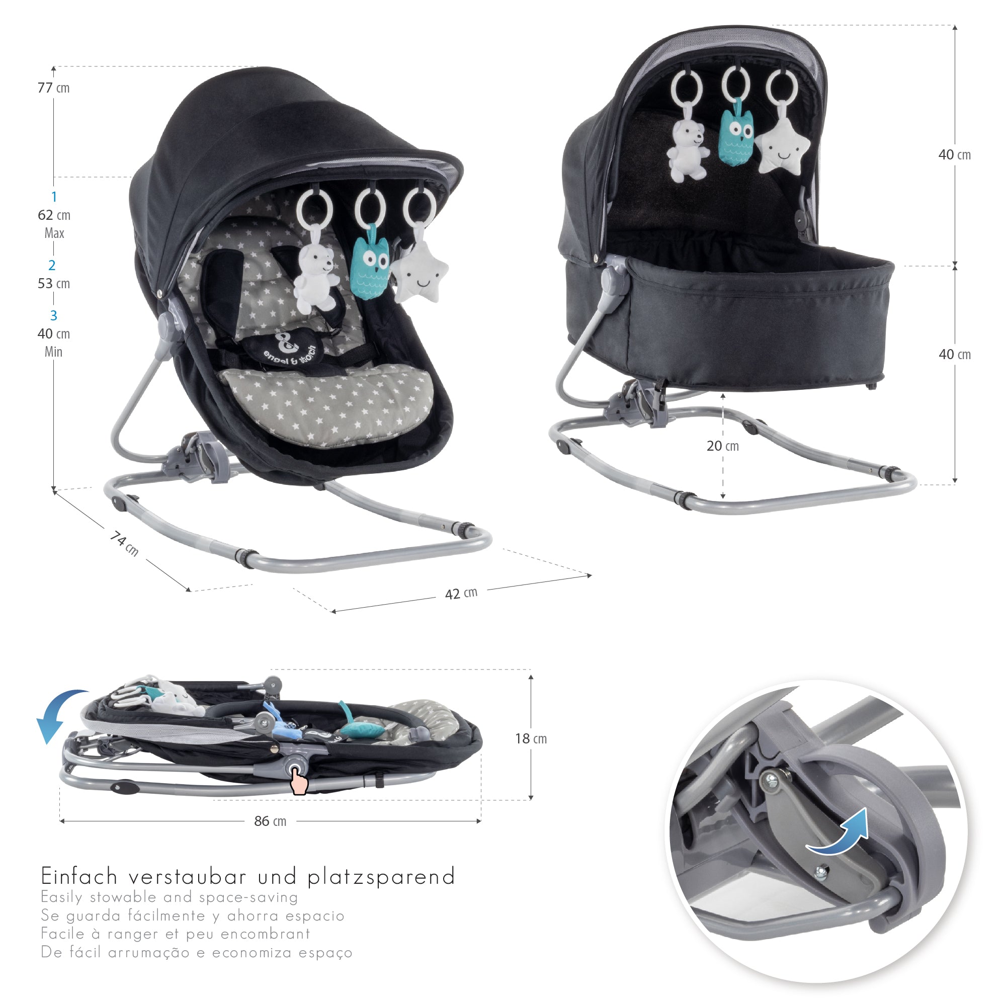 PAVO - Espreguiçadeira e Berço com Rede Mosquiteira, Cobertura e Arco Removível