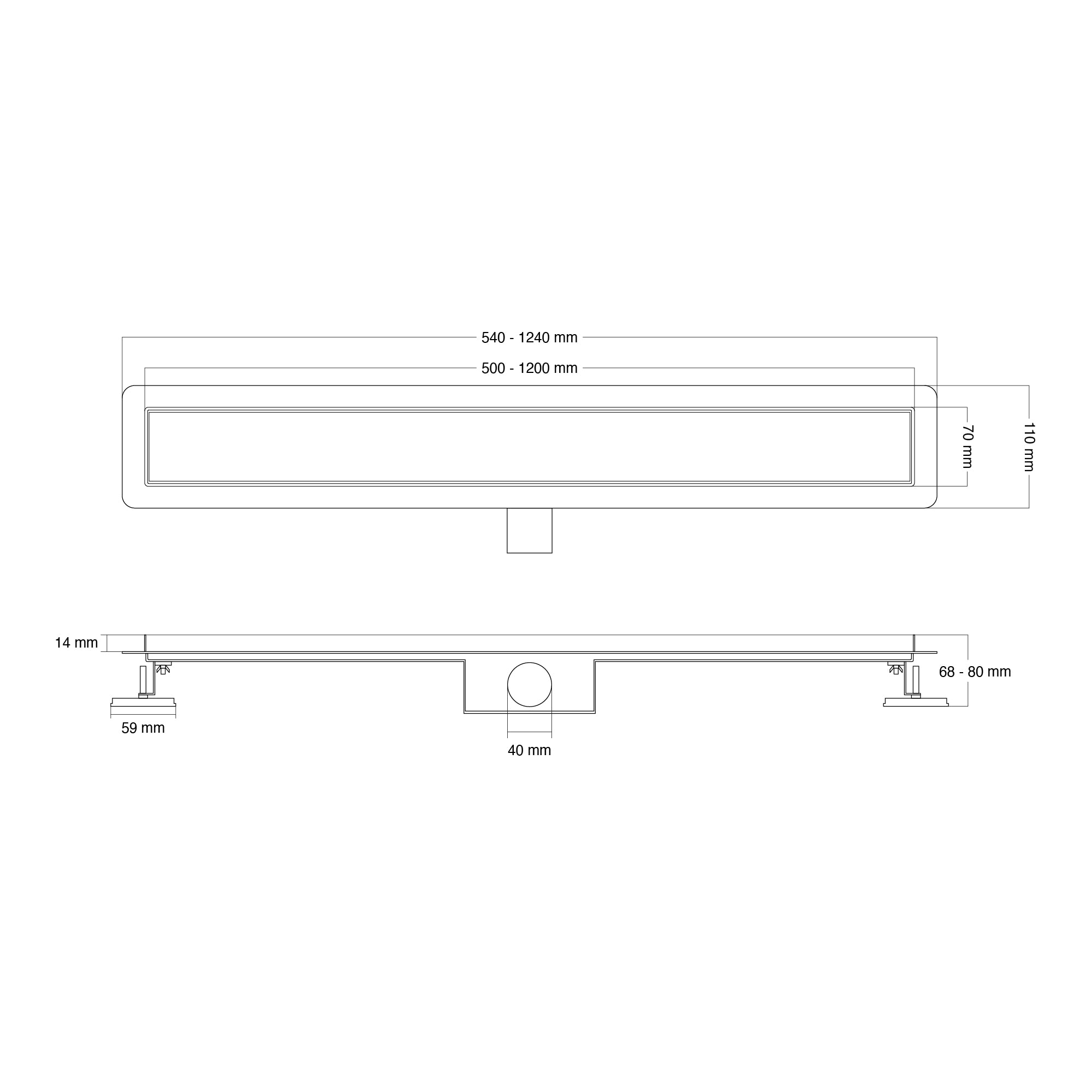 Ralo de duche retangular em aço inoxidável ultraplano Modelo R3 Drenagem de Vidro Preto