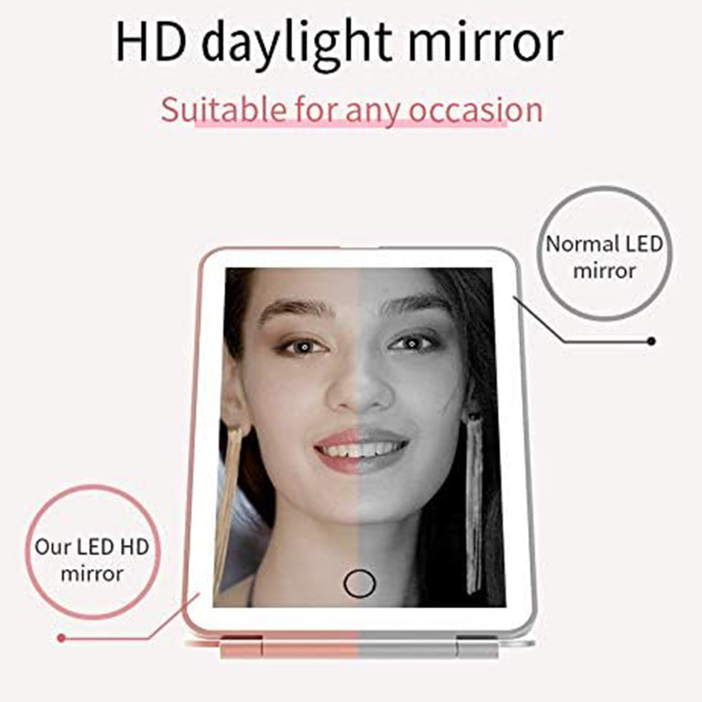 Espelho de Maquilhagem com Luz LED, Espelho Portátil Tipo Tablet com Iluminação de 3 Cores, Luz Regulável, Suporte Ajustável, Alimentação Dupla e Controlo Tátil