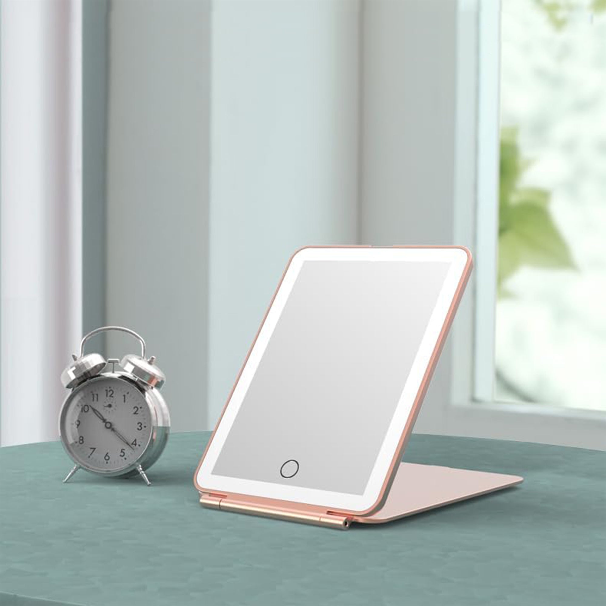 Espelho de Maquilhagem com Luz LED, Espelho Portátil Tipo Tablet com Iluminação de 3 Cores, Luz Regulável, Suporte Ajustável, Alimentação Dupla e Controlo Tátil