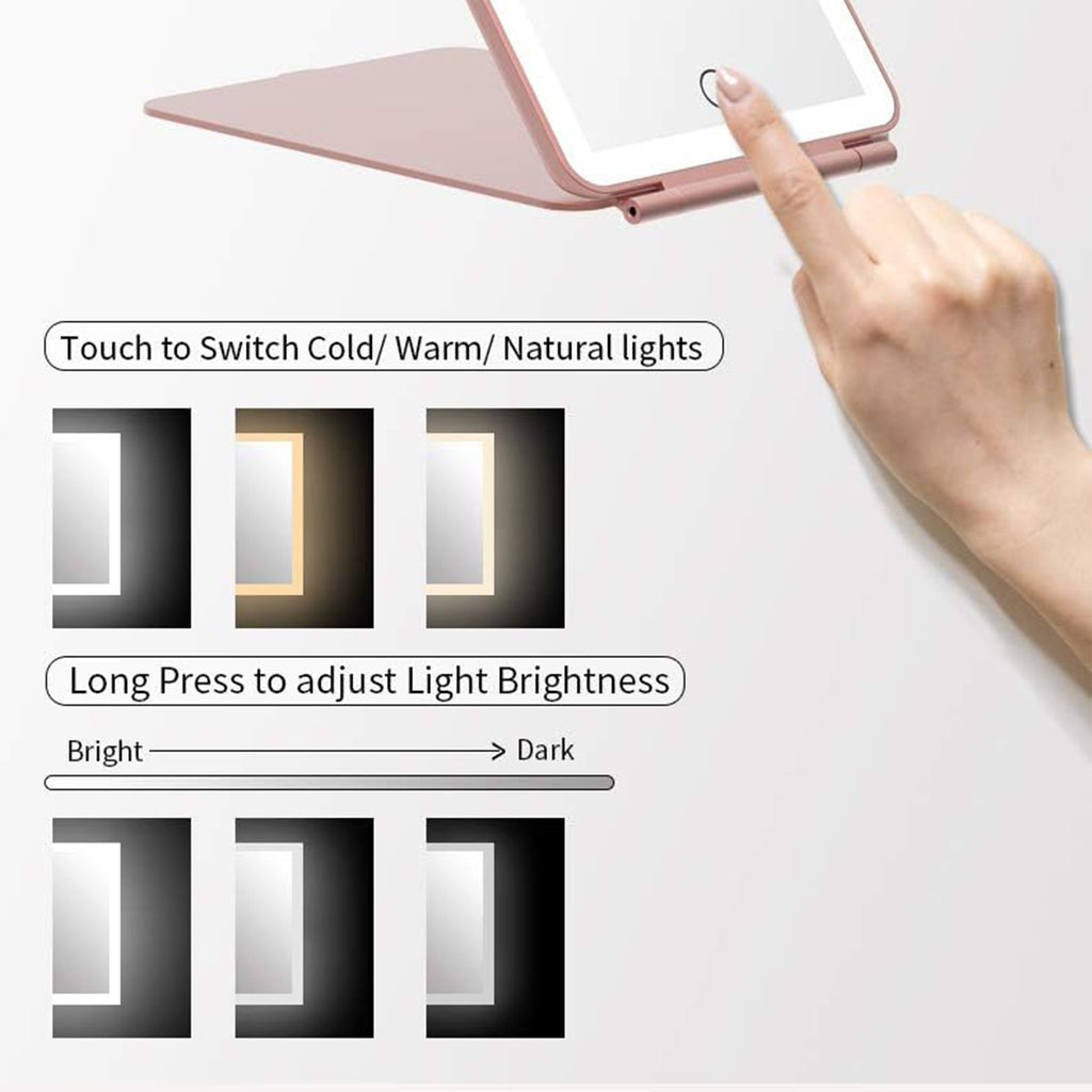 Espelho de Maquilhagem com Luz LED, Espelho Portátil Tipo Tablet com Iluminação de 3 Cores, Luz Regulável, Suporte Ajustável, Alimentação Dupla e Controlo Tátil