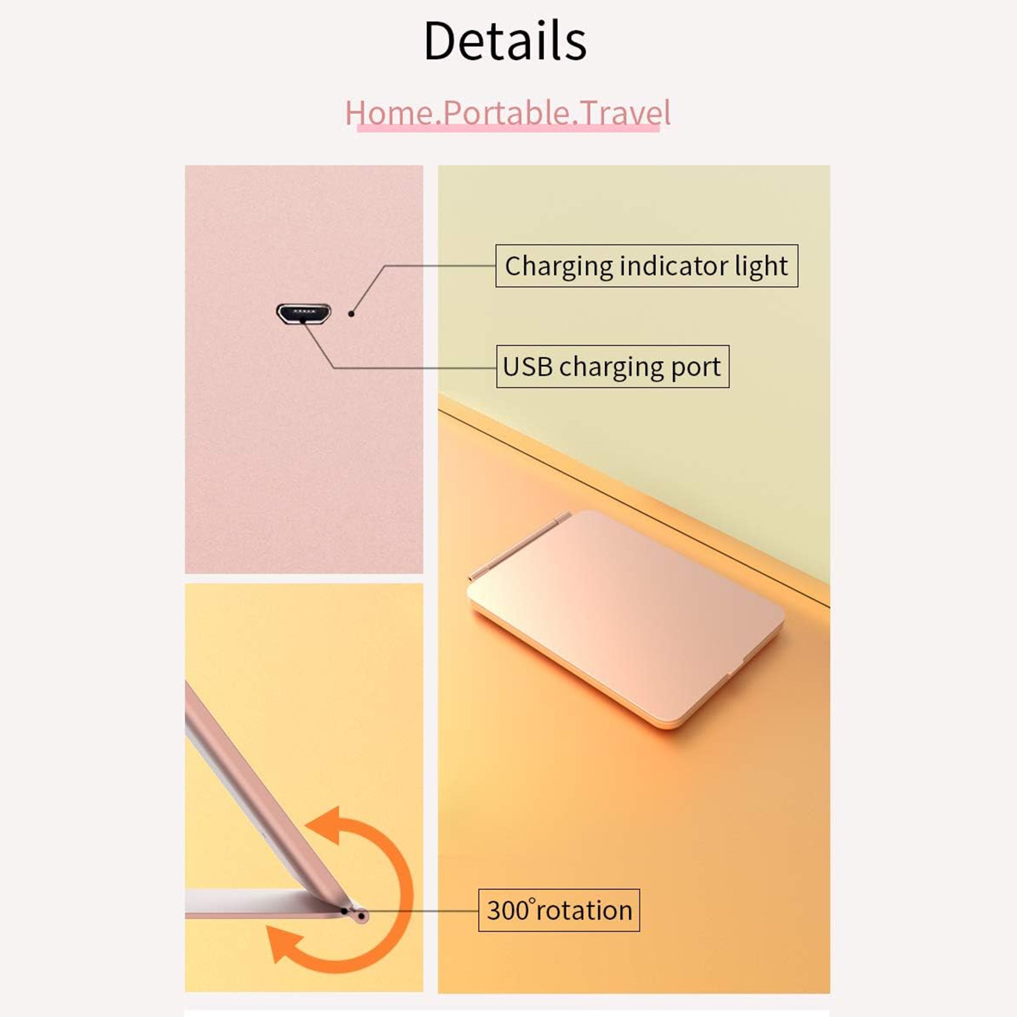 Espelho de Maquilhagem com Luz LED, Espelho Portátil Tipo Tablet com Iluminação de 3 Cores, Luz Regulável, Suporte Ajustável, Alimentação Dupla e Controlo Tátil