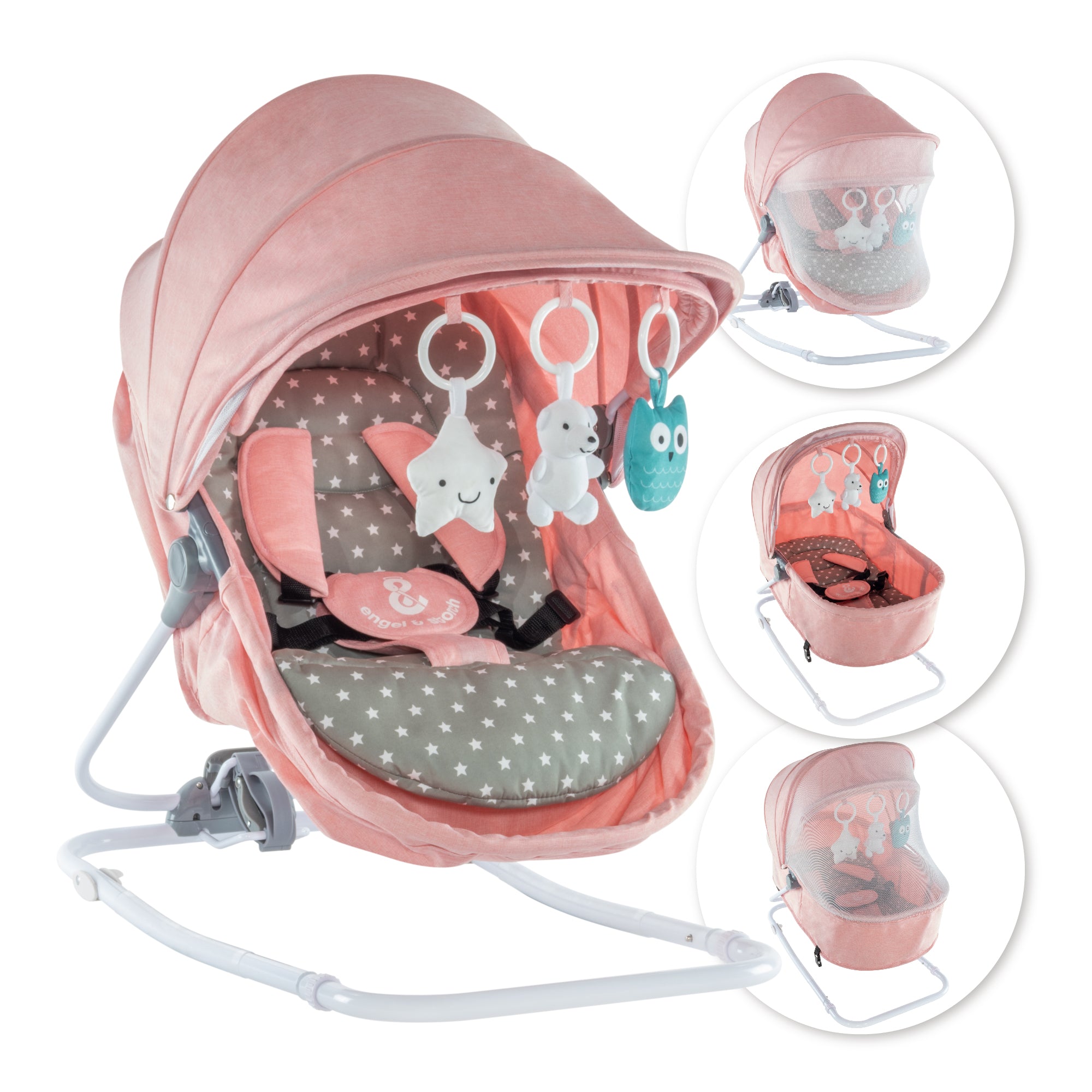 PAVO - Espreguiçadeira e Berço com Rede Mosquiteira, Cobertura e Arco Removível