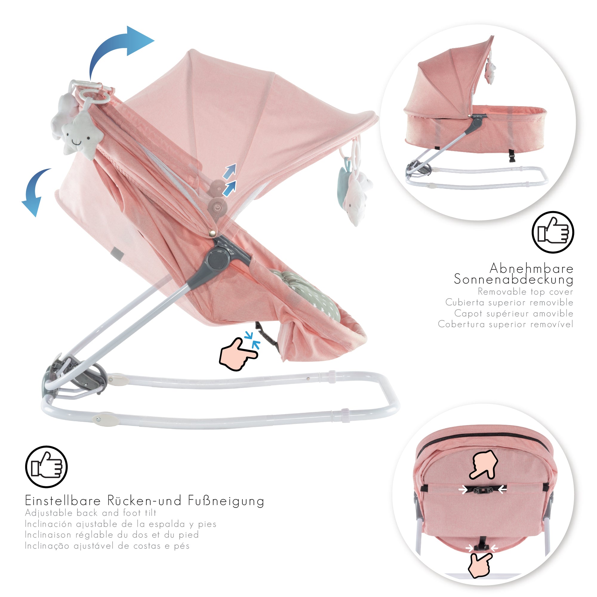 PAVO - Espreguiçadeira e Berço com Rede Mosquiteira, Cobertura e Arco Removível